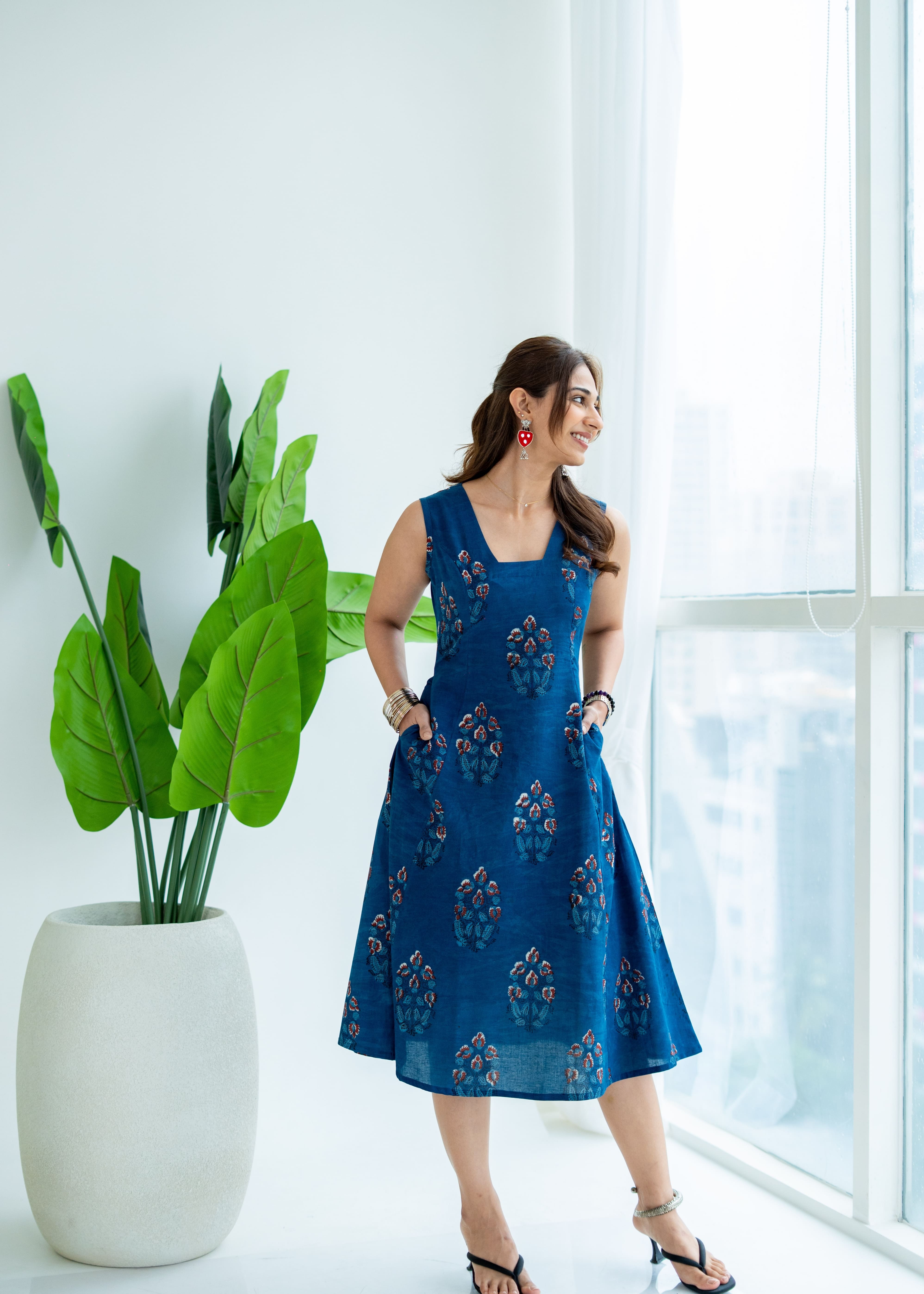 Indigo Bagru Floral Cotton Corset Dress