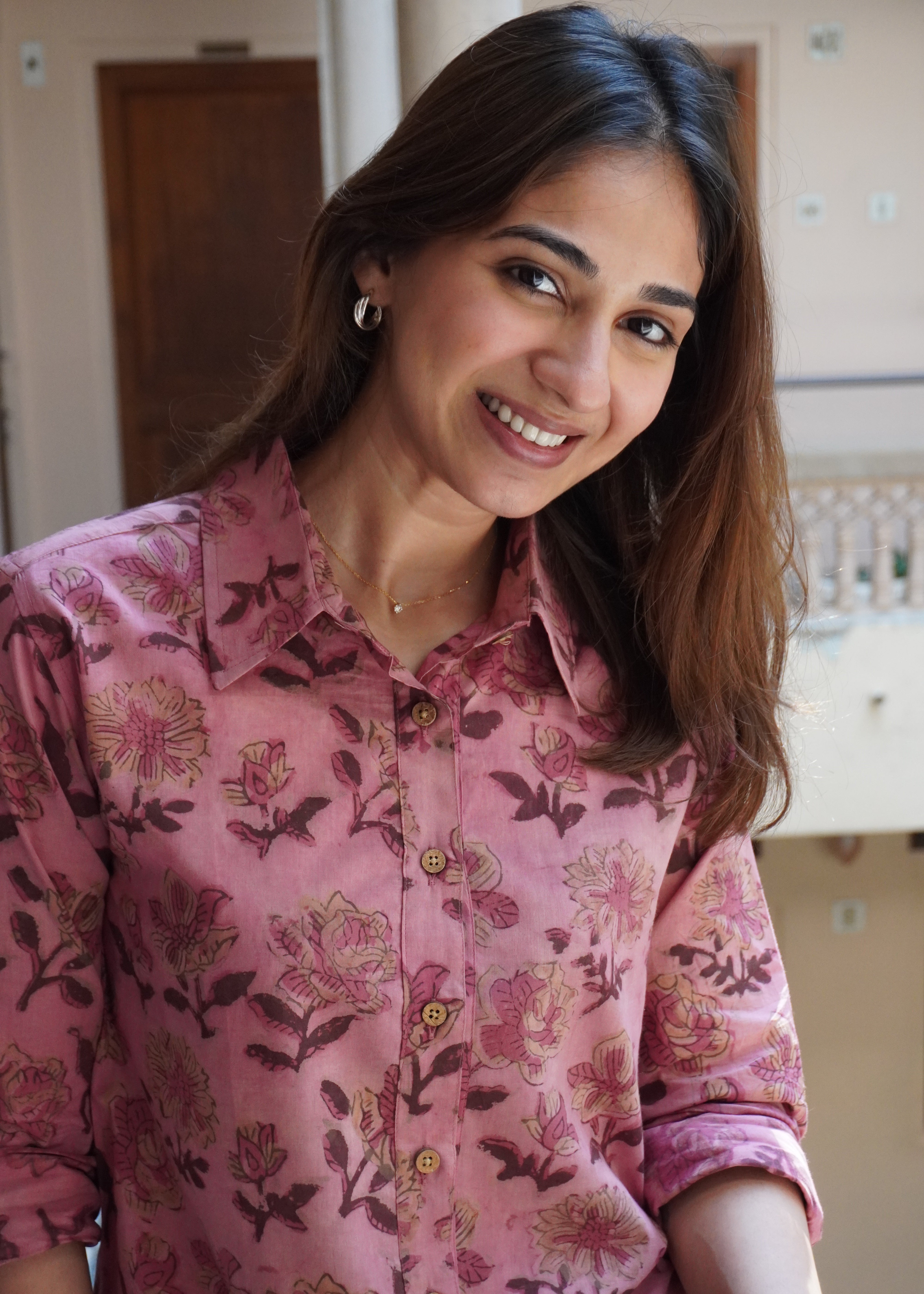 Pink Bagru Ajrakh Floral Handblock Shirt