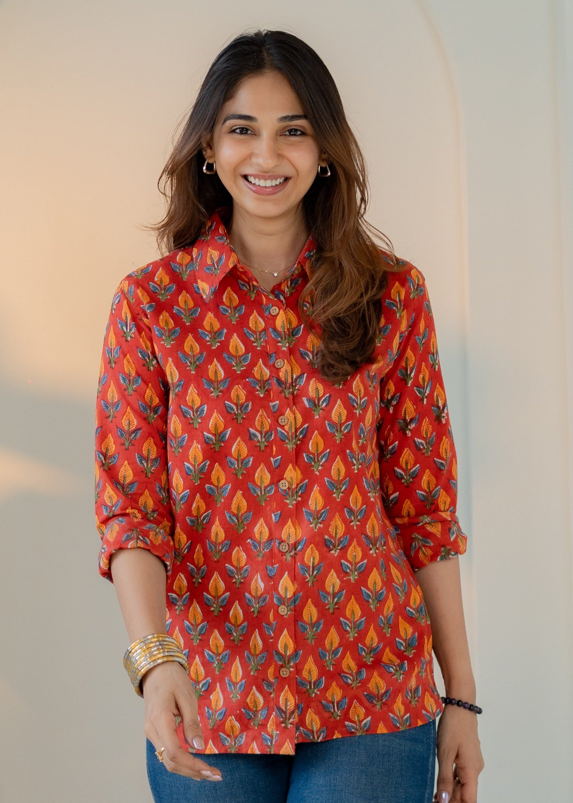 Mango Red Leaf Handblock Cotton Shirt