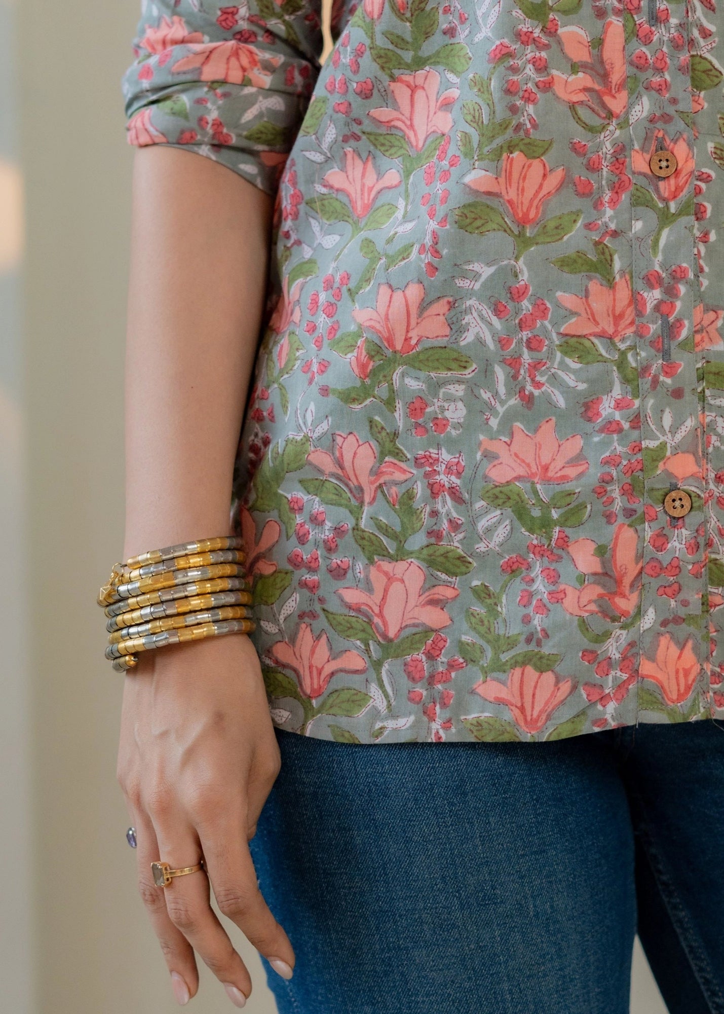 Pink Floral Garden Block Print Shirt