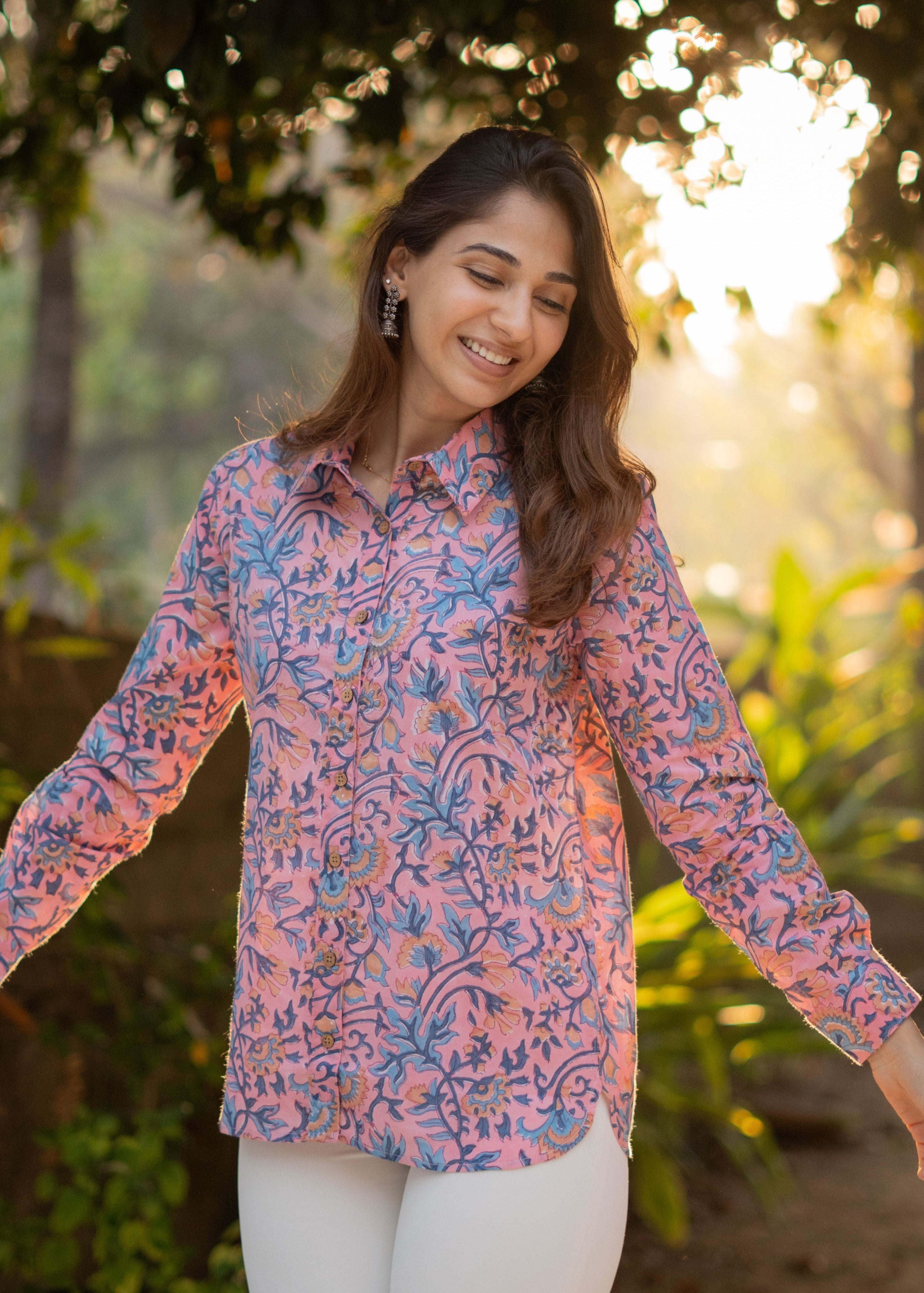 Pink Floral Handblock Shirt