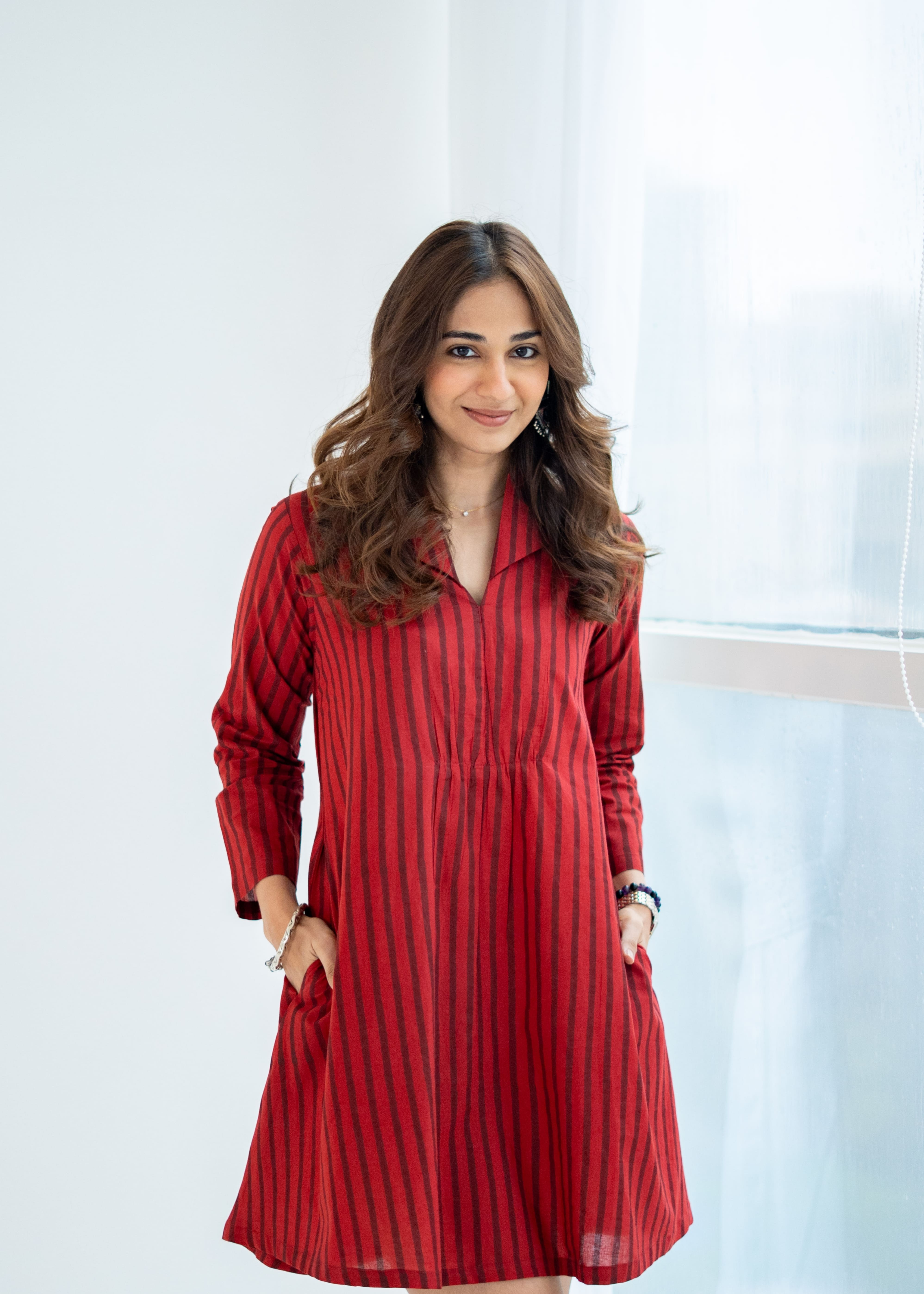 Red Stripe Block Print Cotton A Line Dress