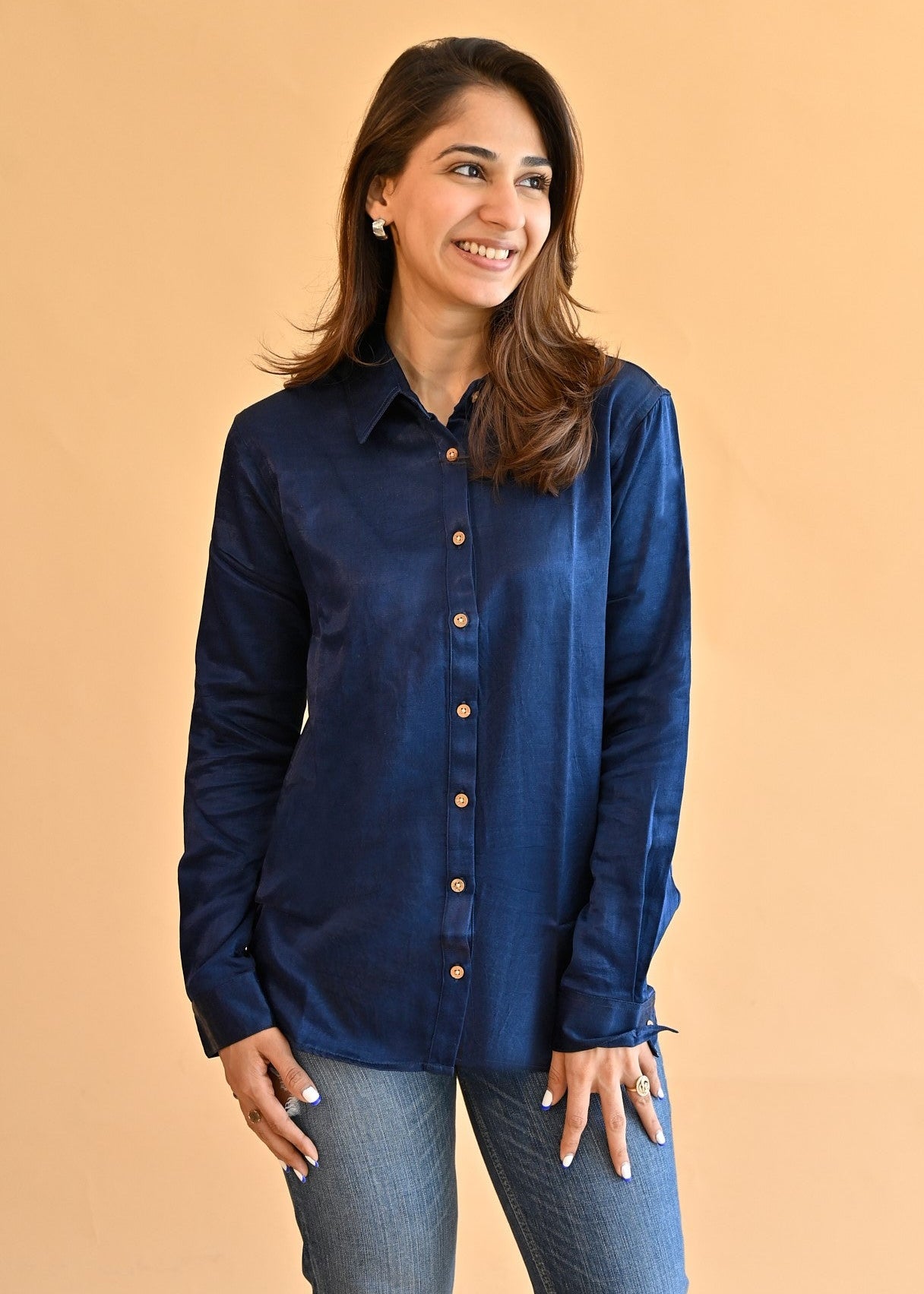 Ajrakh Satin Navy Blue Natural Dye Shirt