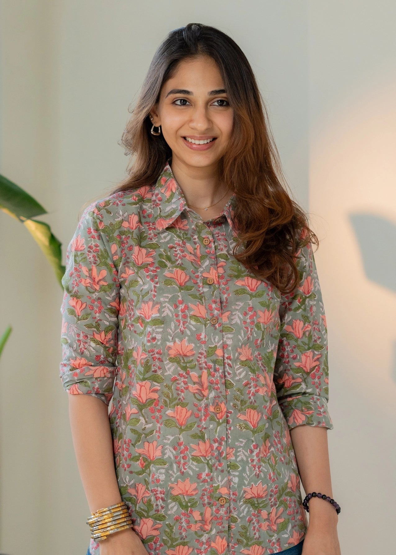 Pink Floral Garden Block Print Shirt