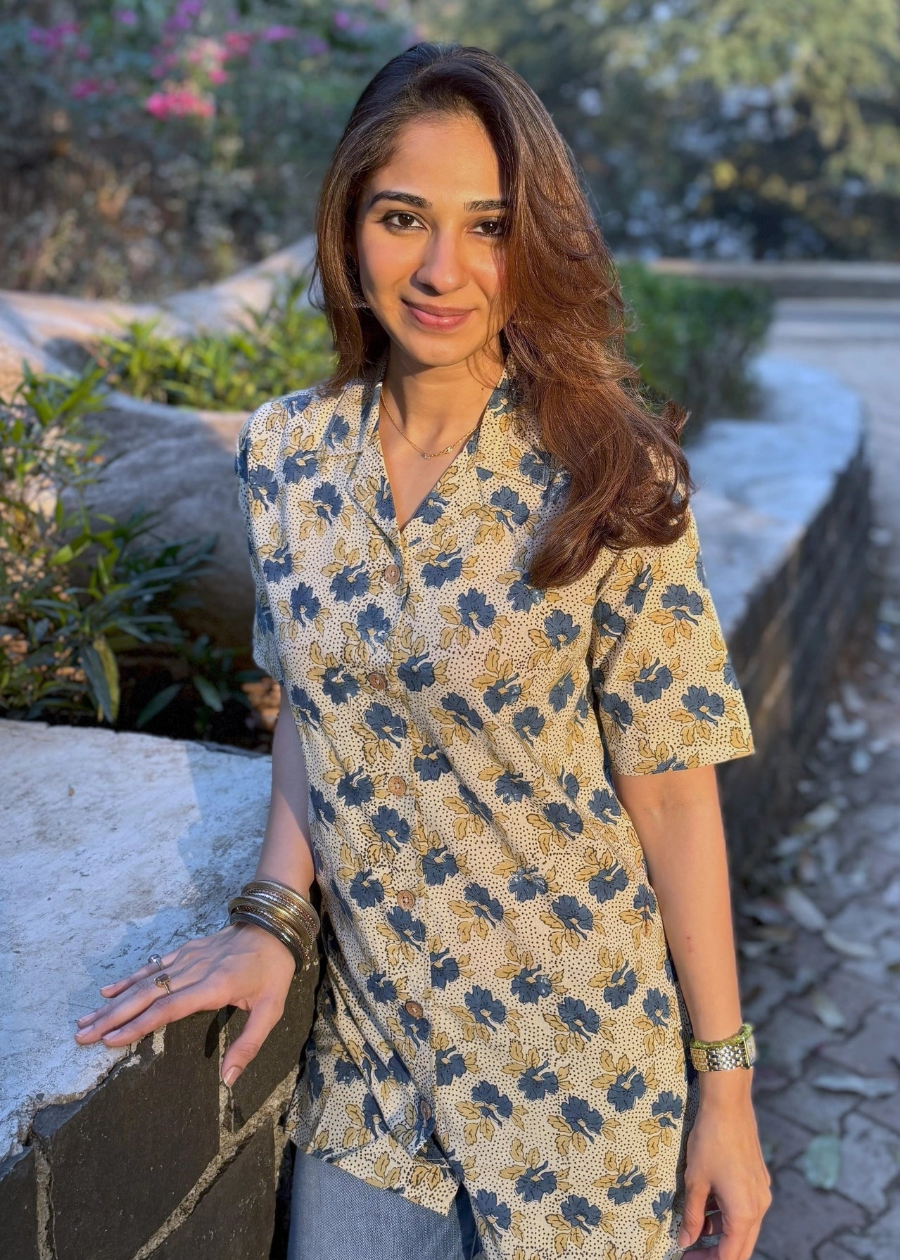 Ajrakh Cream Floral Natural Dye Shirt Kurti