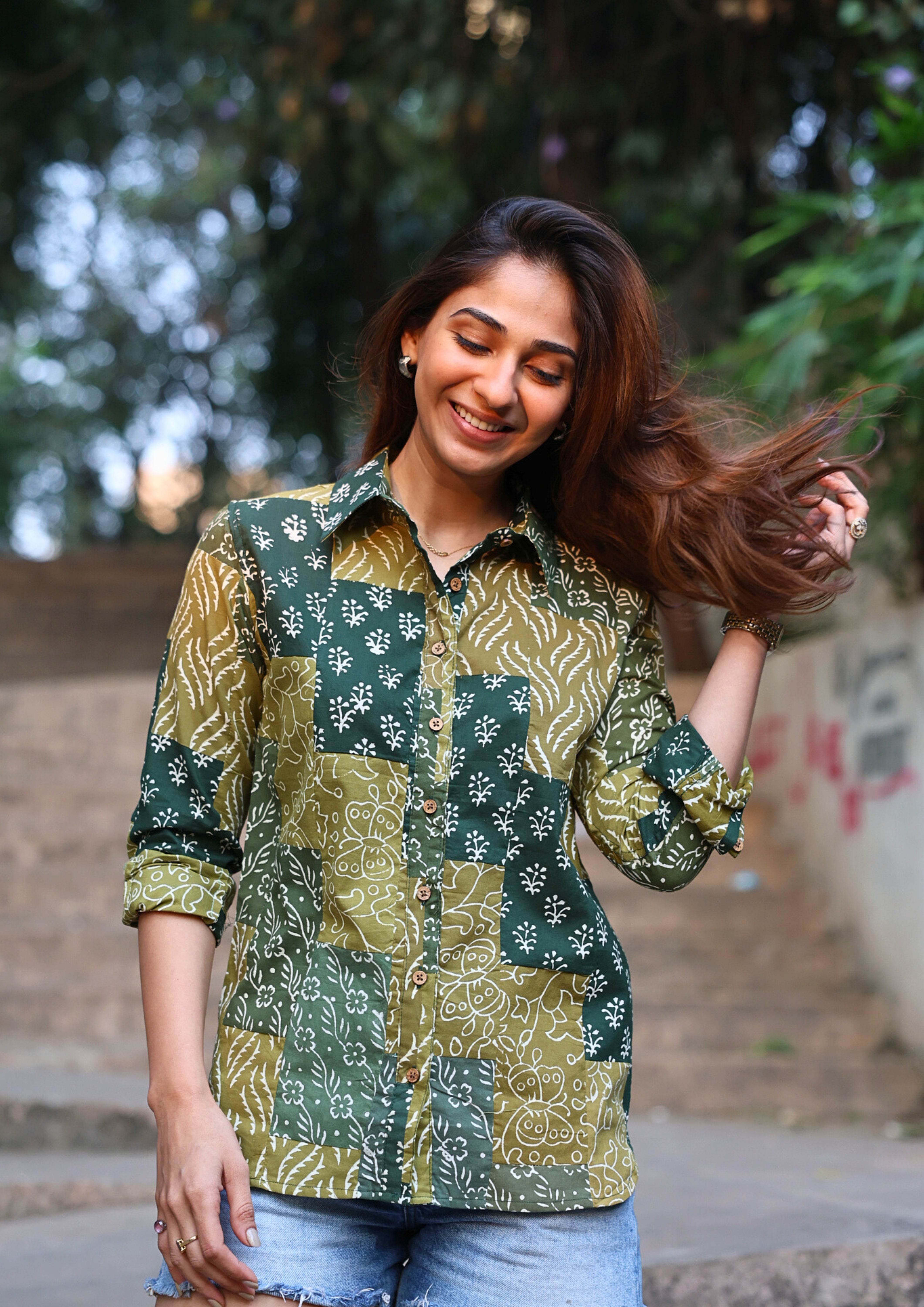 Green Patchwork Handblock Shirt