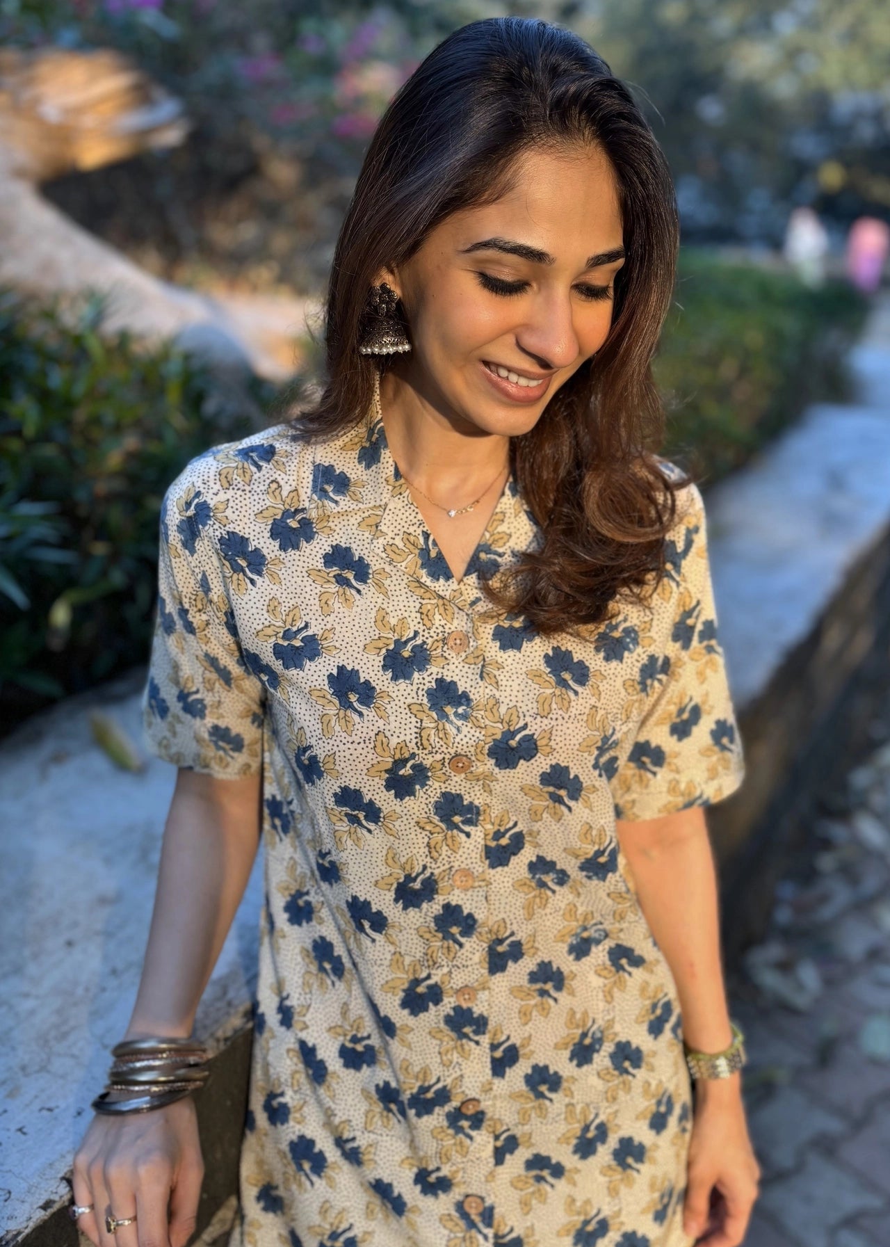 Ajrakh Cream Floral Natural Dye Shirt Kurti