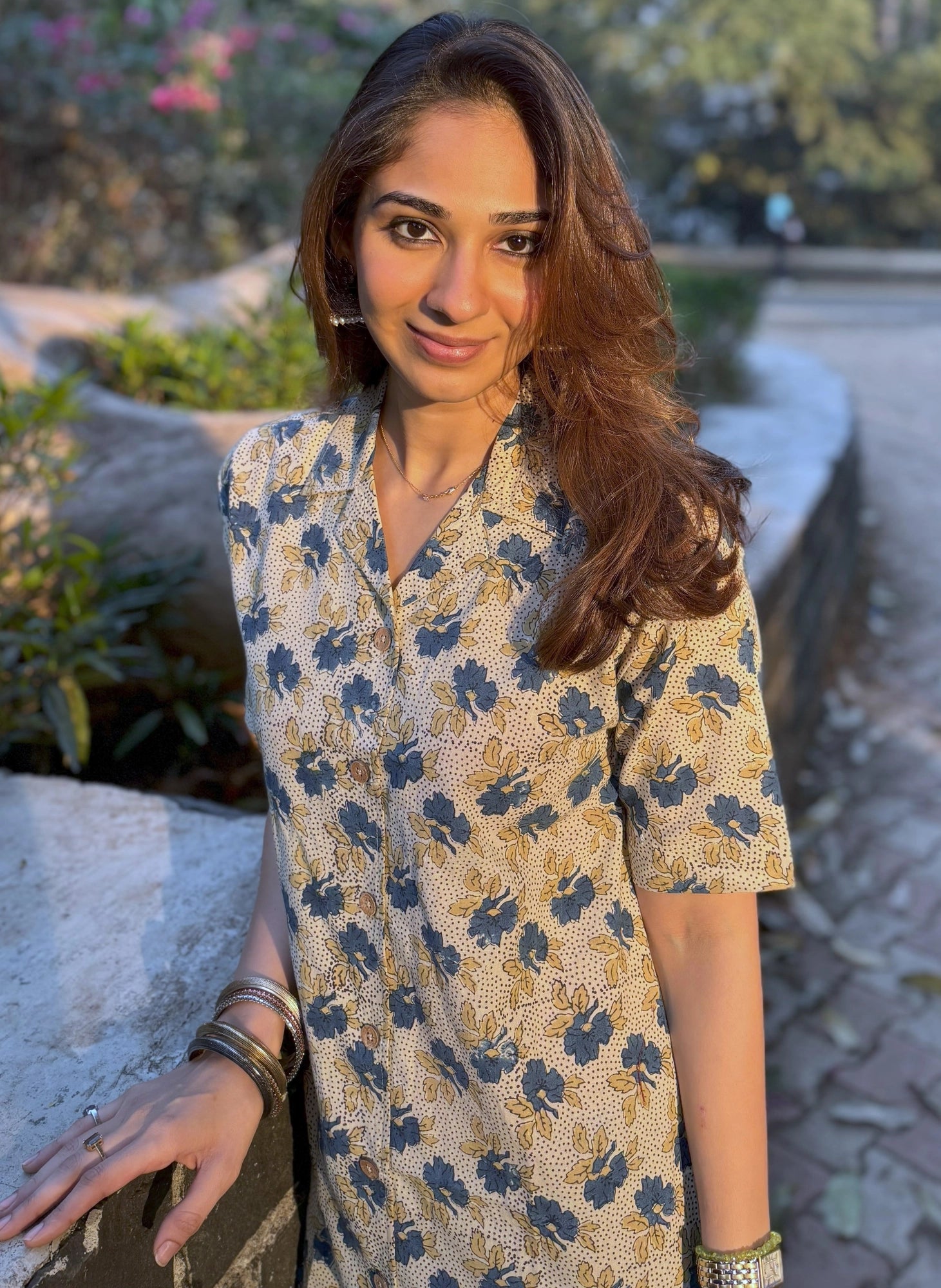 Ajrakh Cream Floral Natural Dye Shirt Kurti