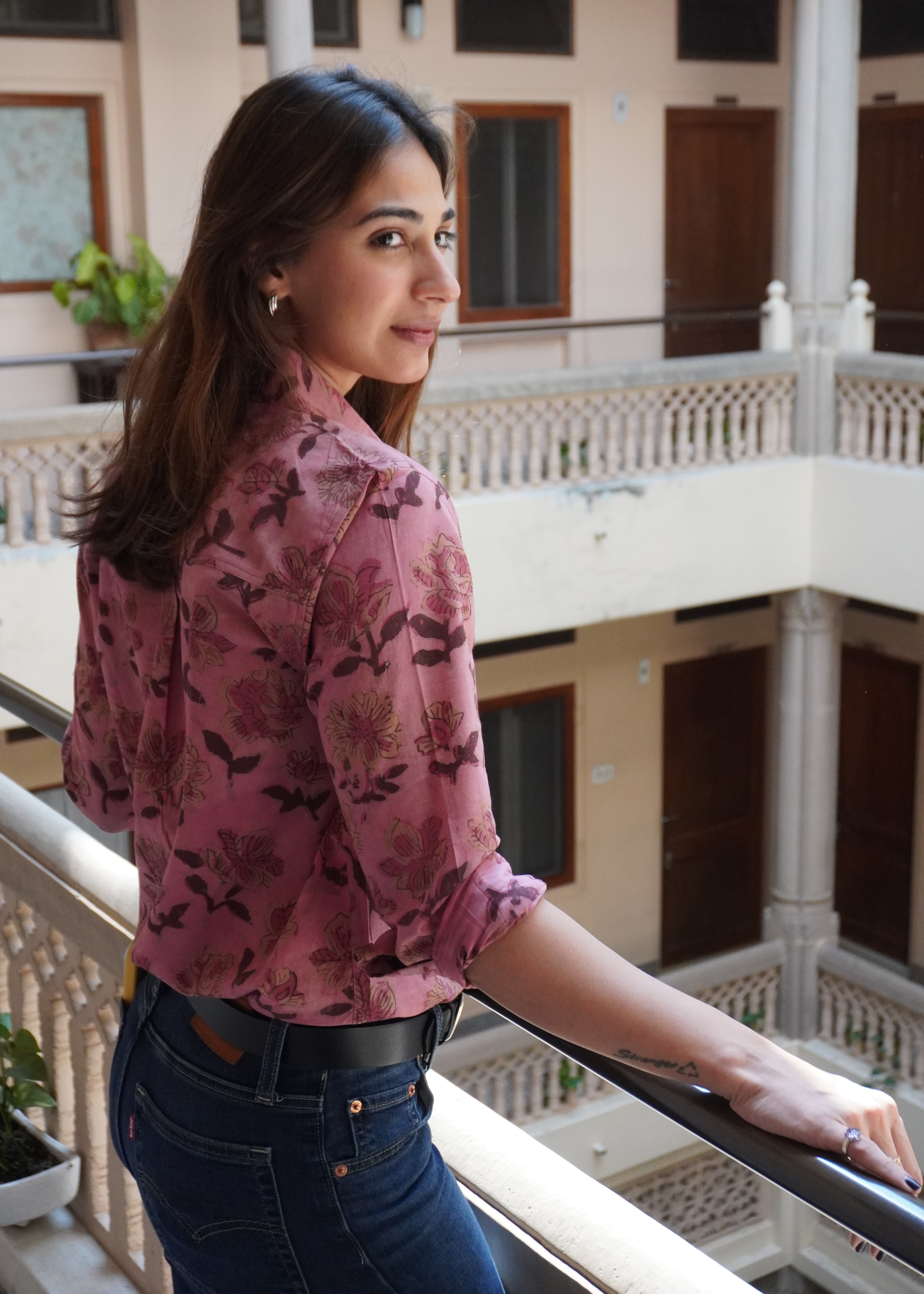 Pink Bagru Ajrakh Floral Handblock Shirt