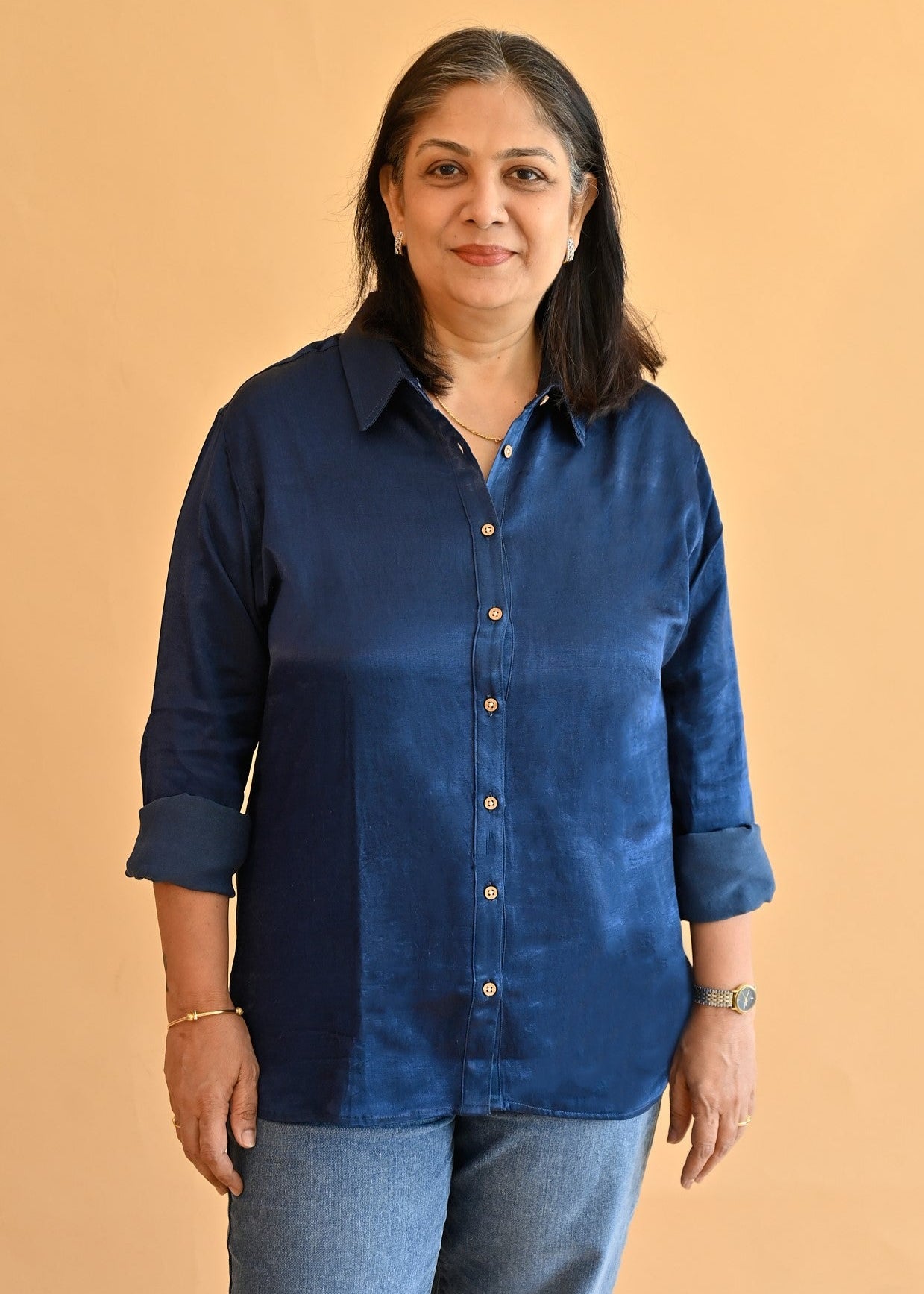 Ajrakh Satin Navy Blue Natural Dye Shirt