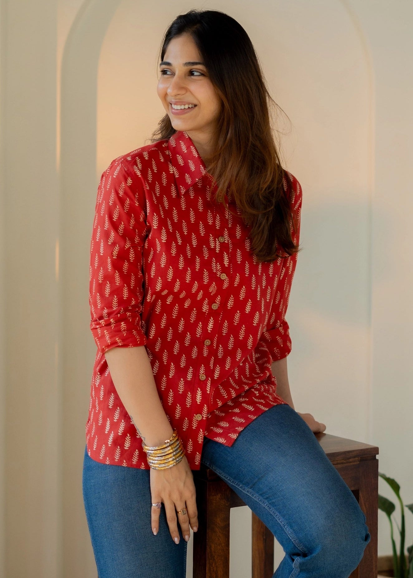 Red Leaf Block Print Shirt
