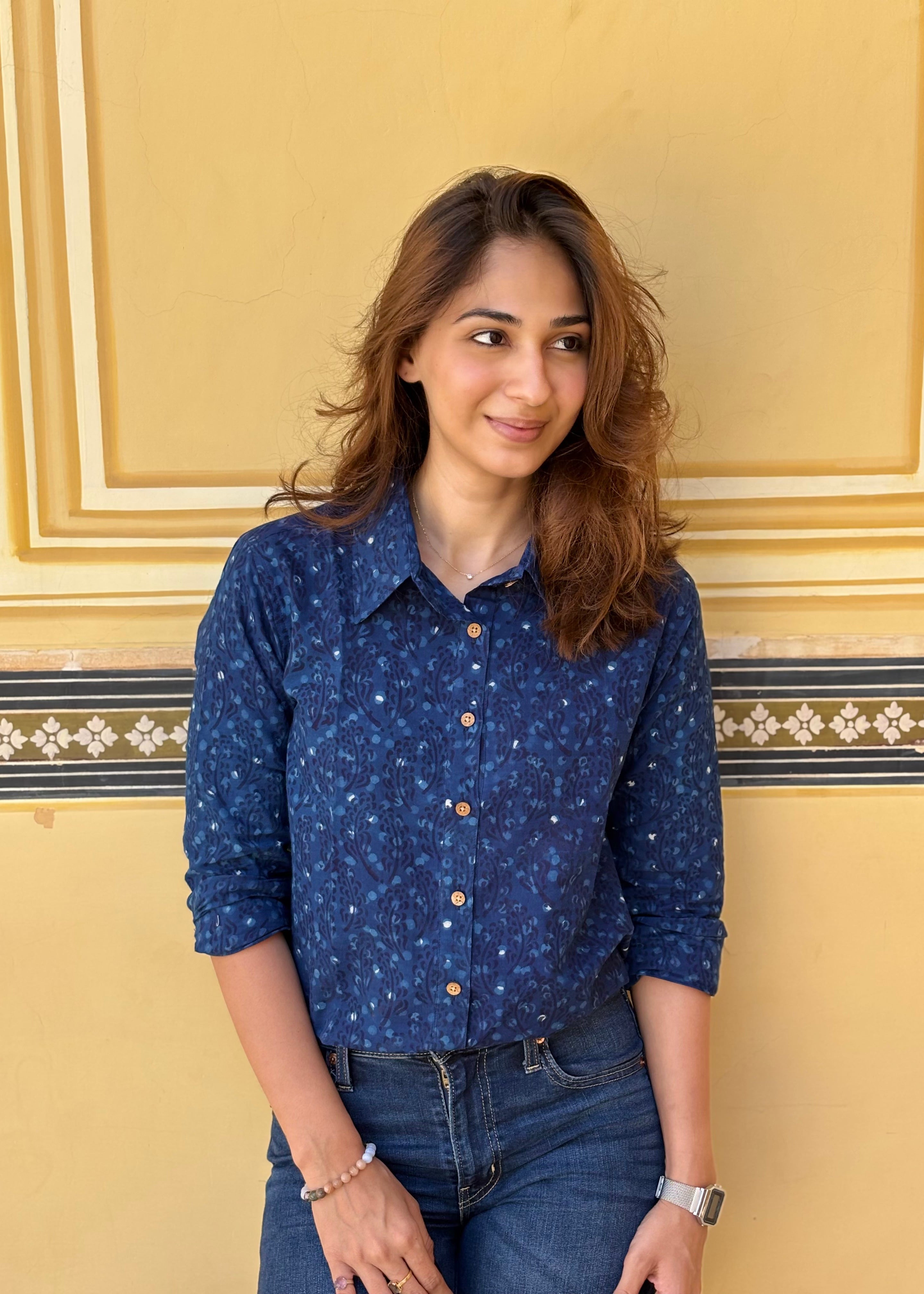 Navy Blue Floral Handblock Cotton Shirt