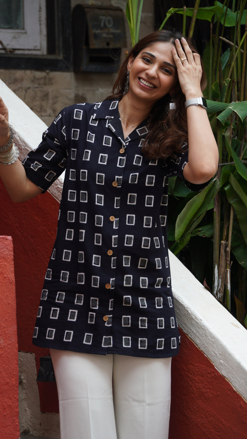 Black Square Handblock Cotton Shirt Kurti