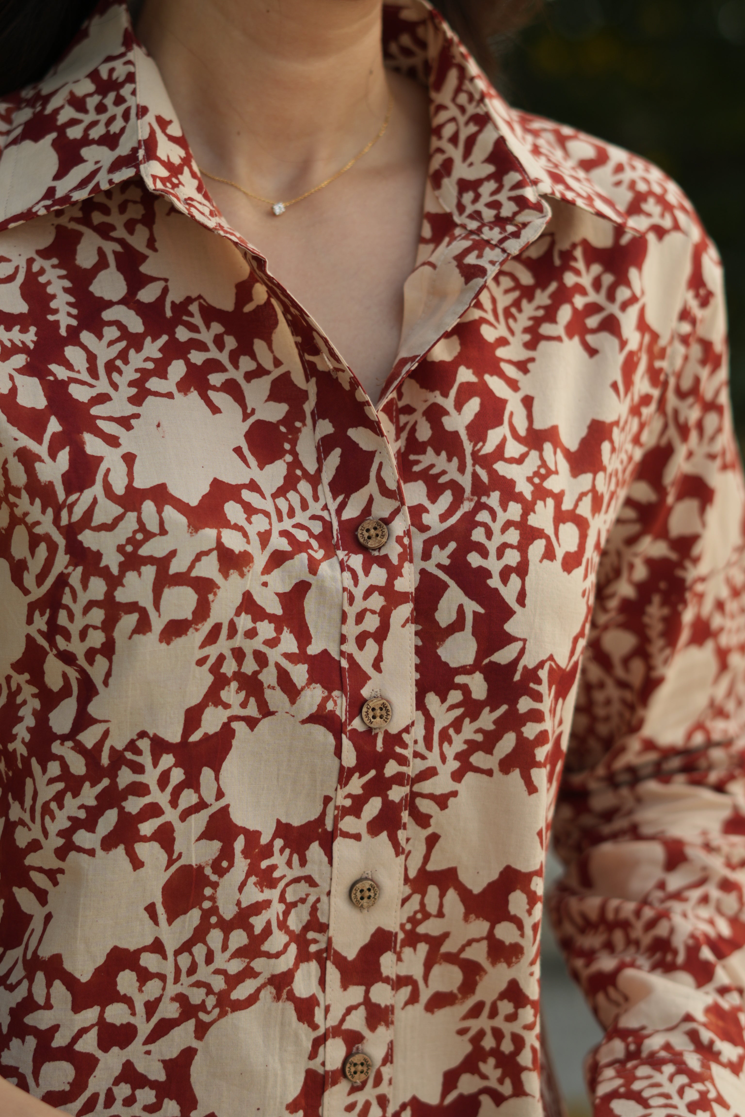 Red Floral Block Print Cotton Shirt
