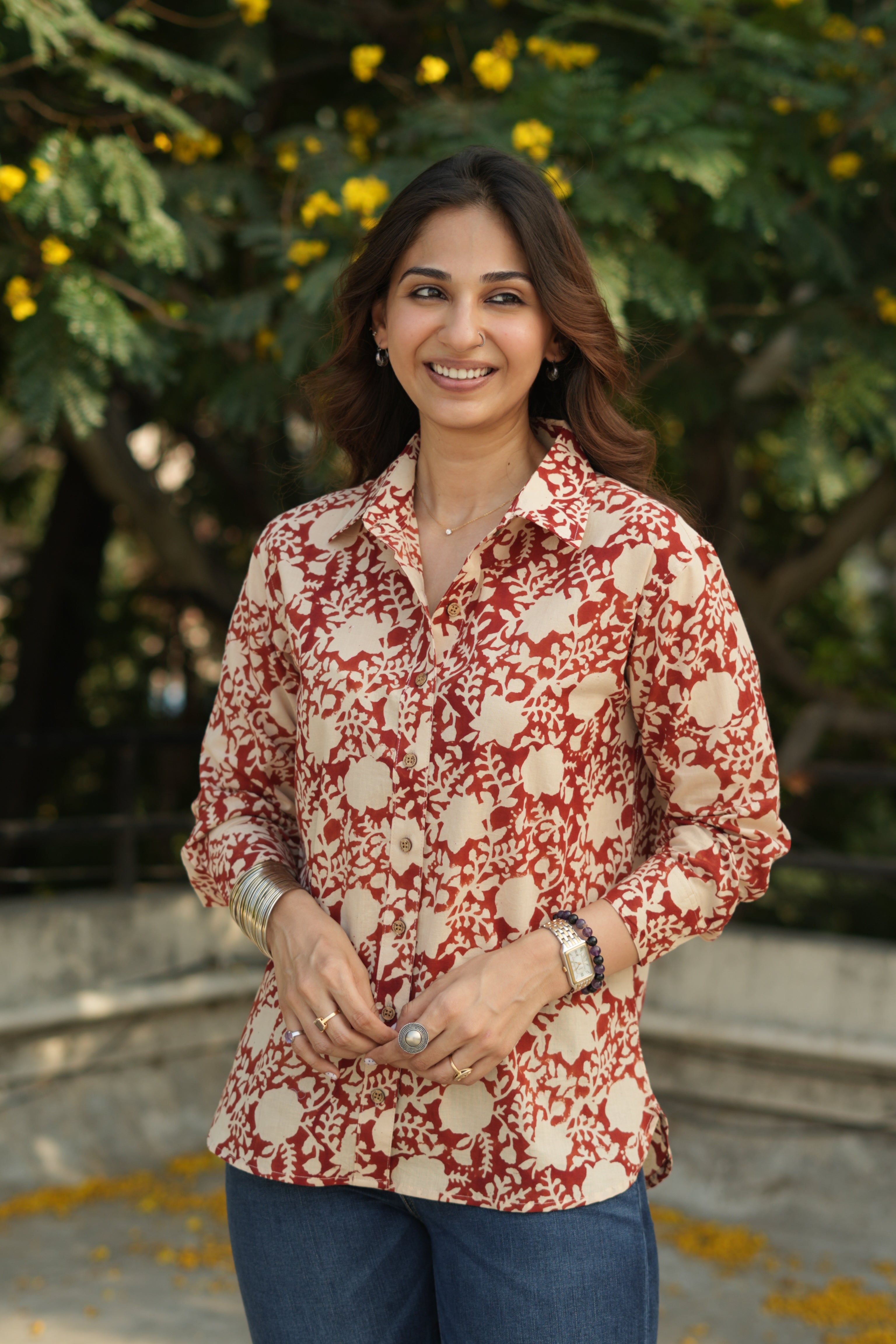 Red Floral Block Print Cotton Shirt