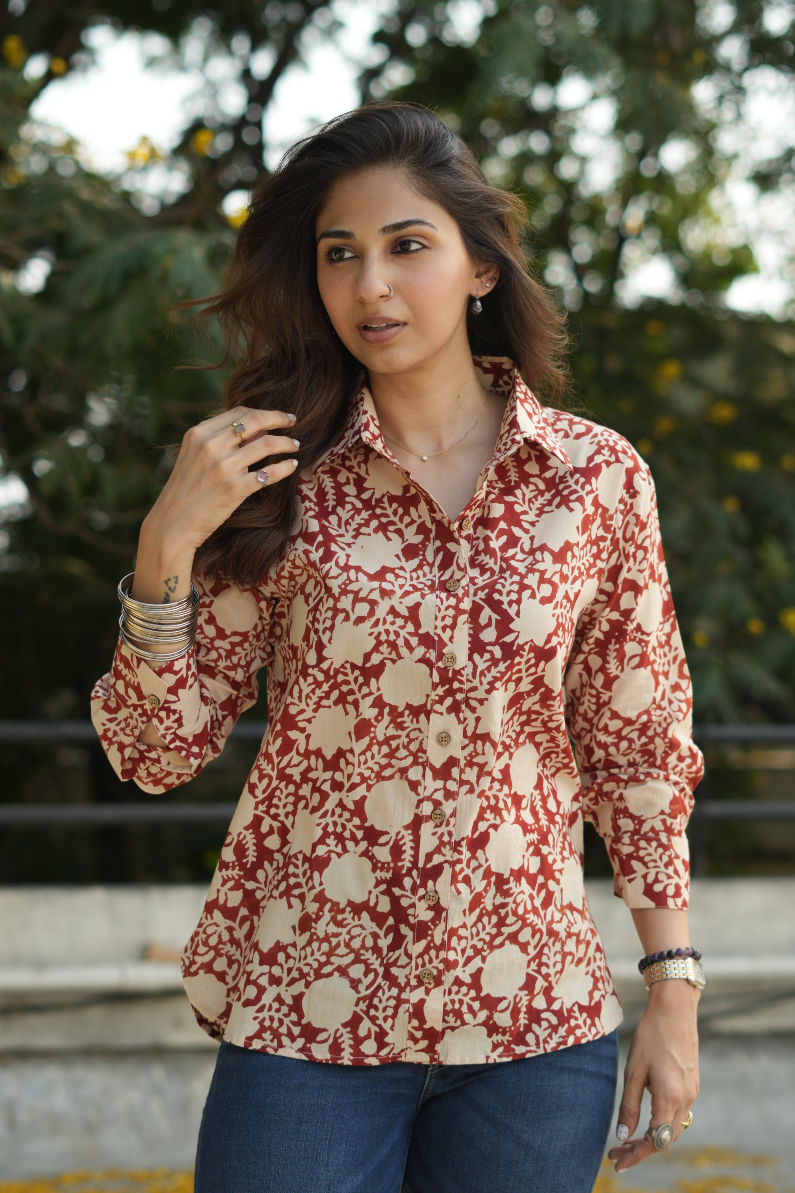 Red Floral Block Print Cotton Shirt