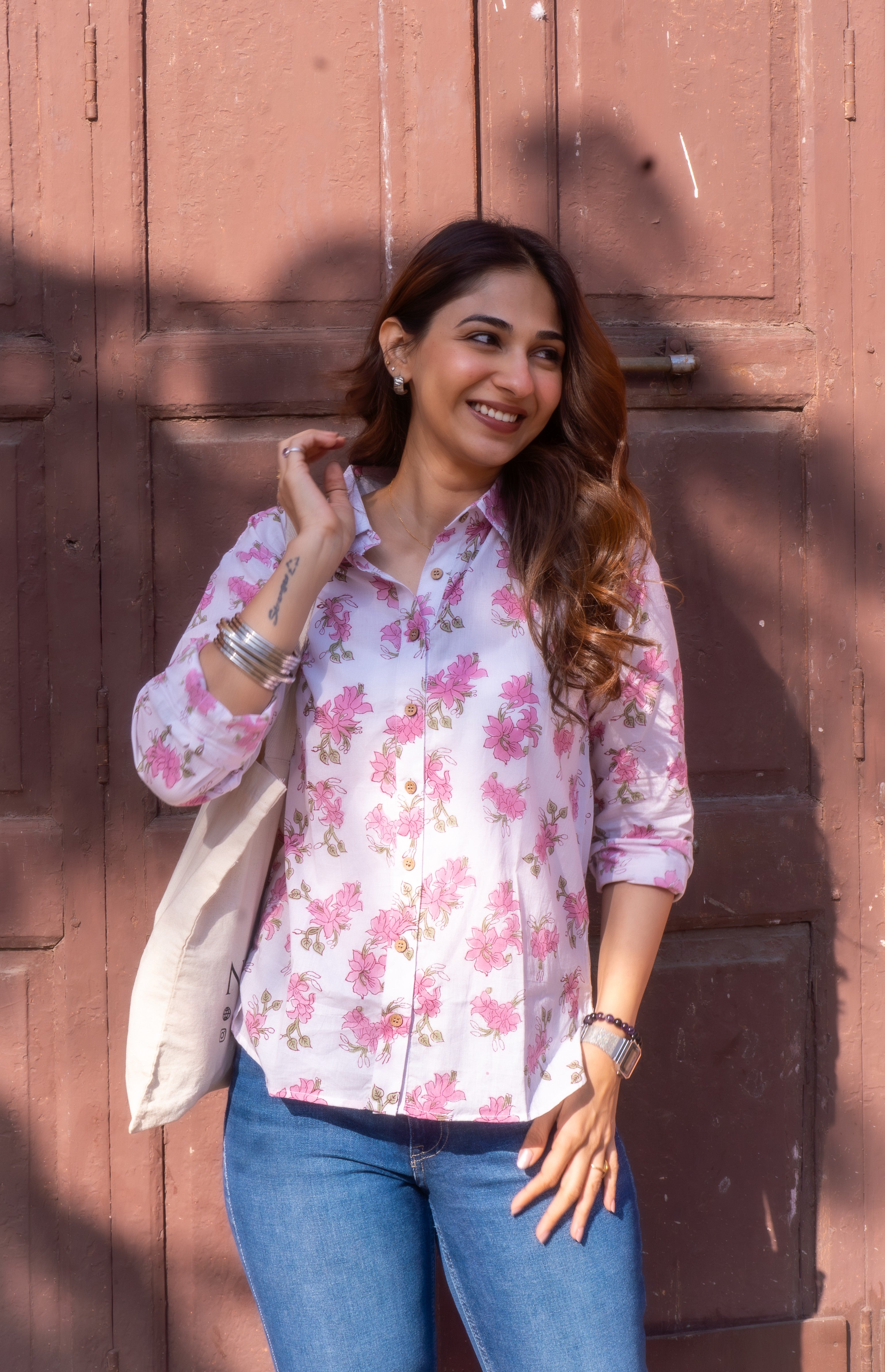 Pink Sanganeri Floral Handblock Cotton Shirt