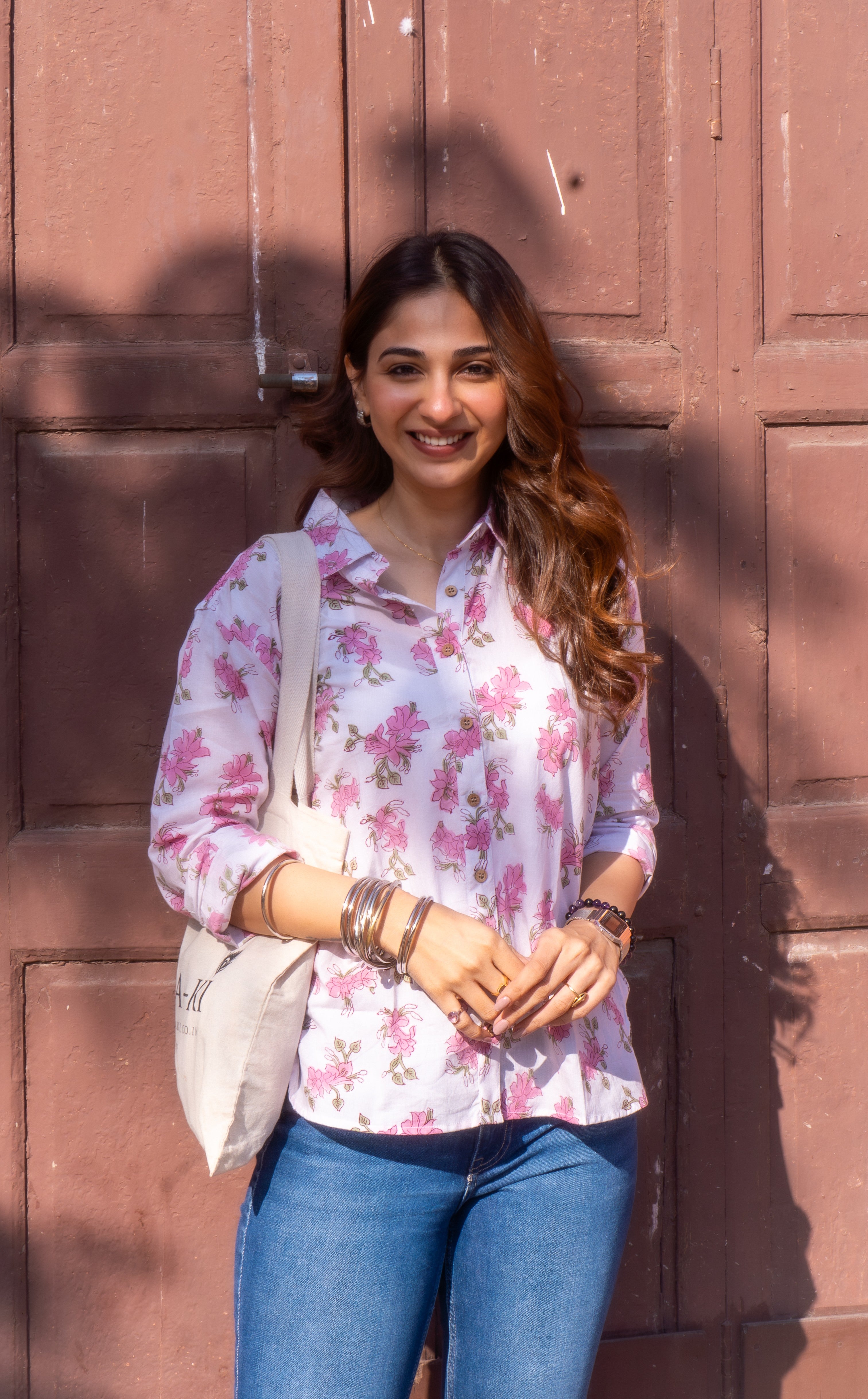 Pink Sanganeri Floral Handblock Cotton Shirt