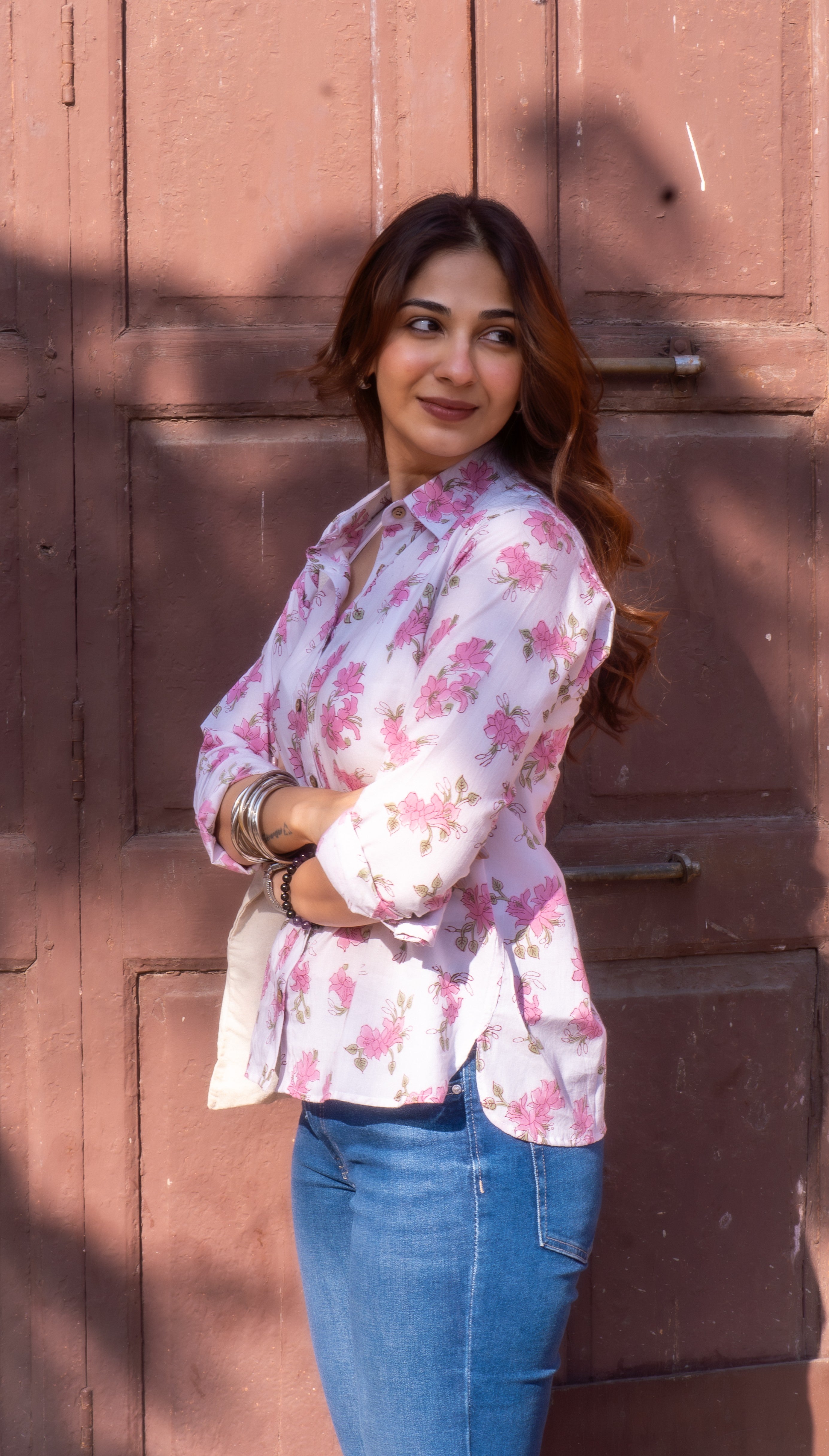 Pink Sanganeri Floral Handblock Cotton Shirt