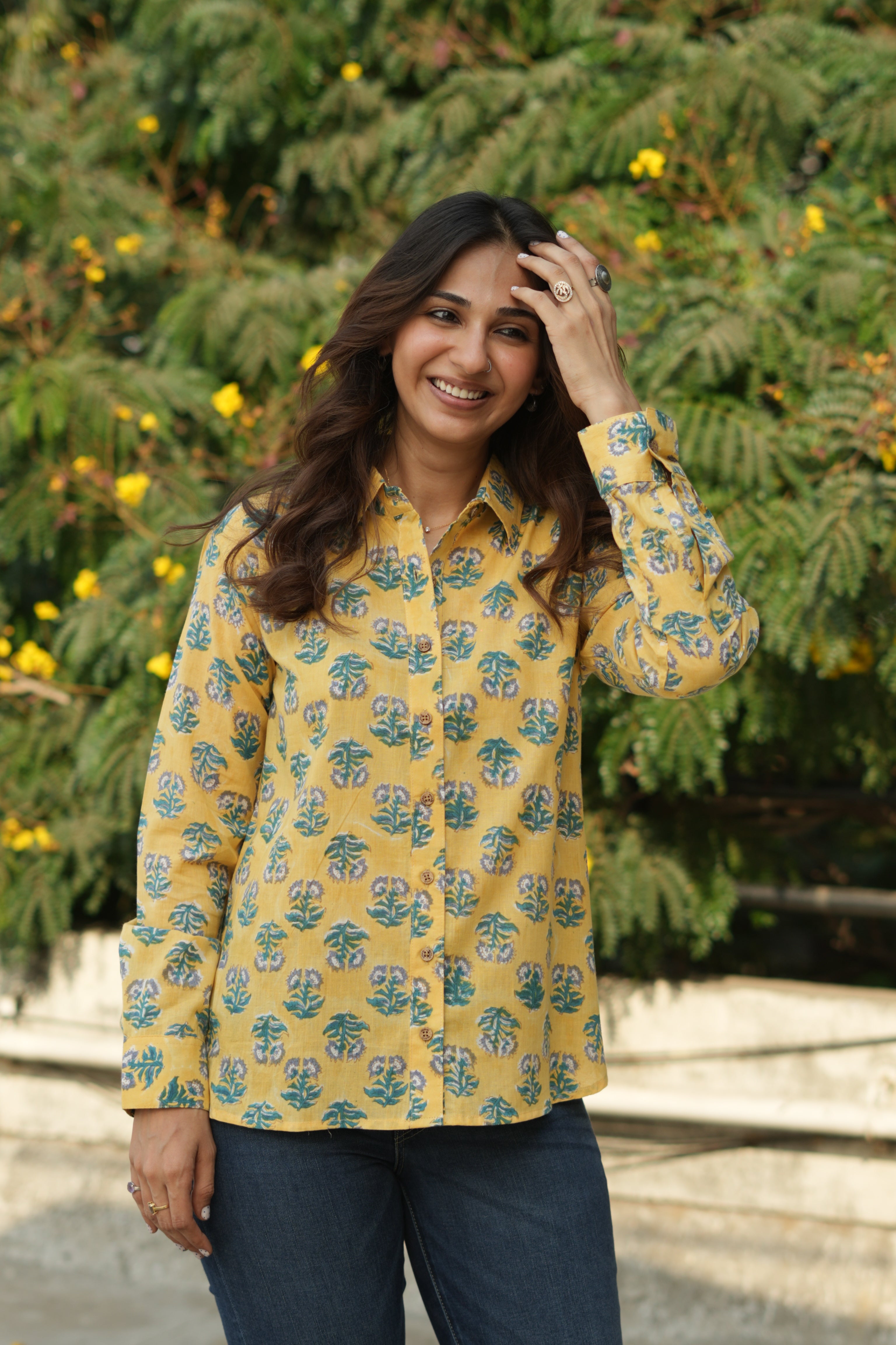 Lemon Sanganeri Floral Handblock Cotton Shirt