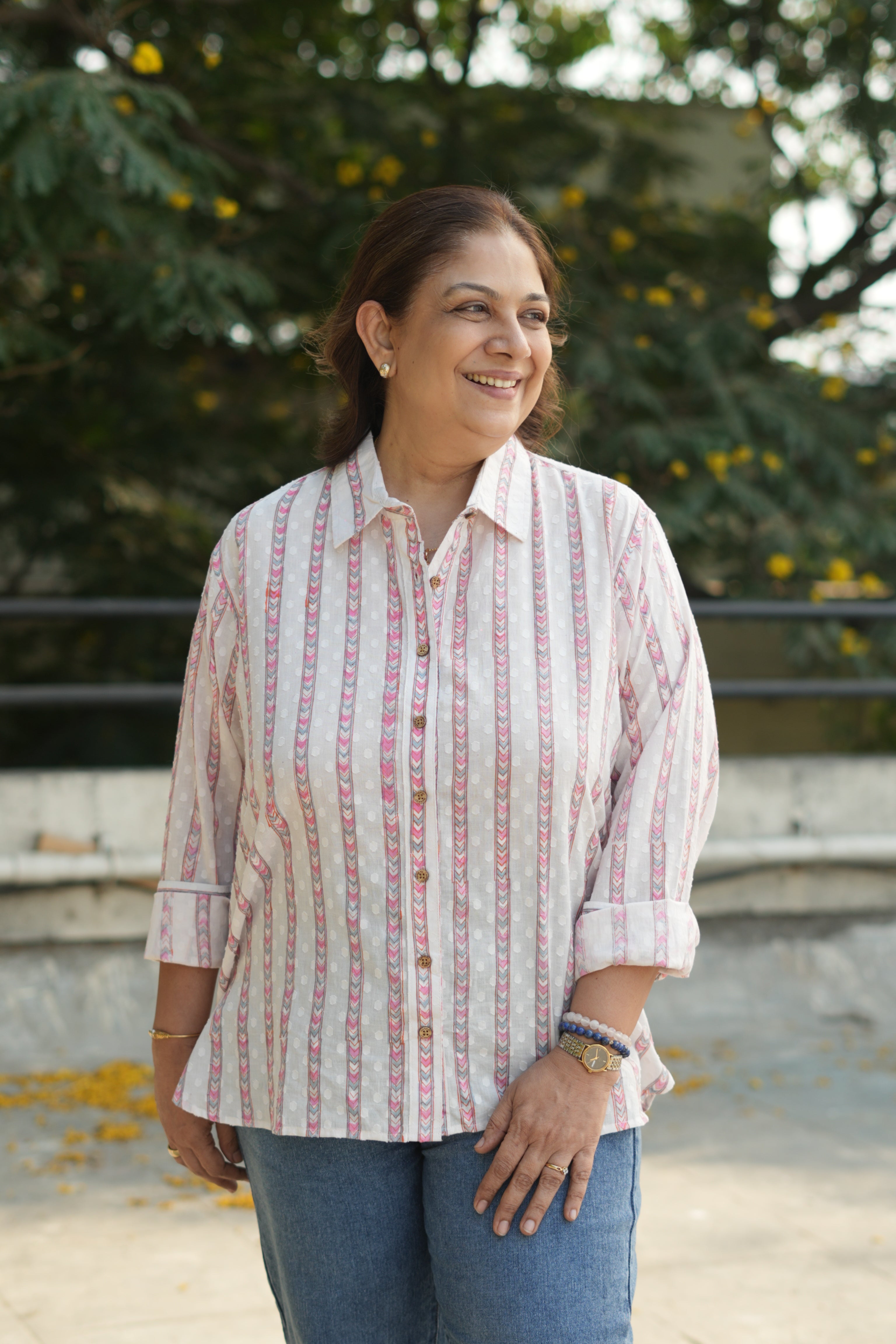 White Pink Stripe Handblock Cotton Dobby Shirt