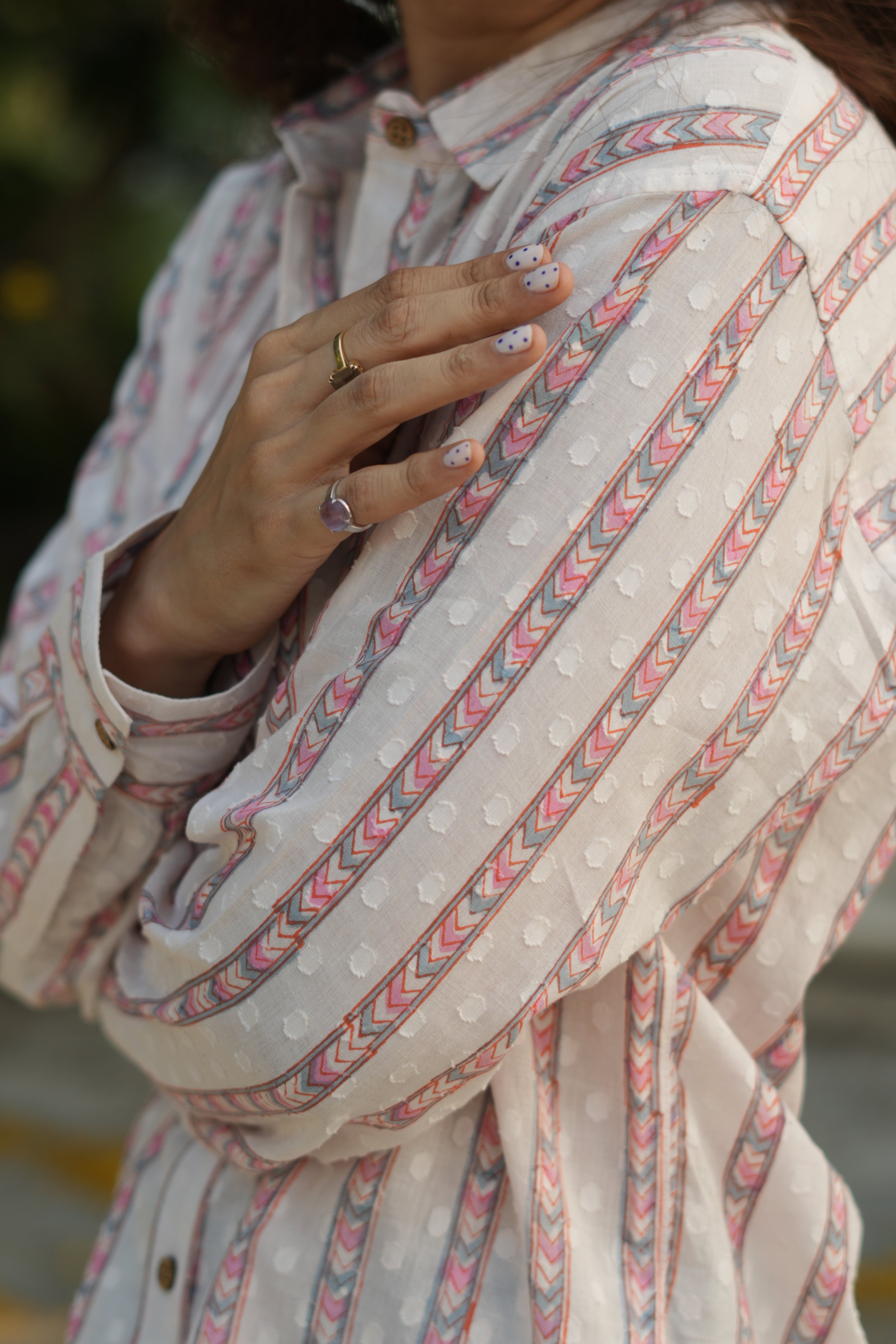 White Pink Stripe Handblock Cotton Dobby Shirt