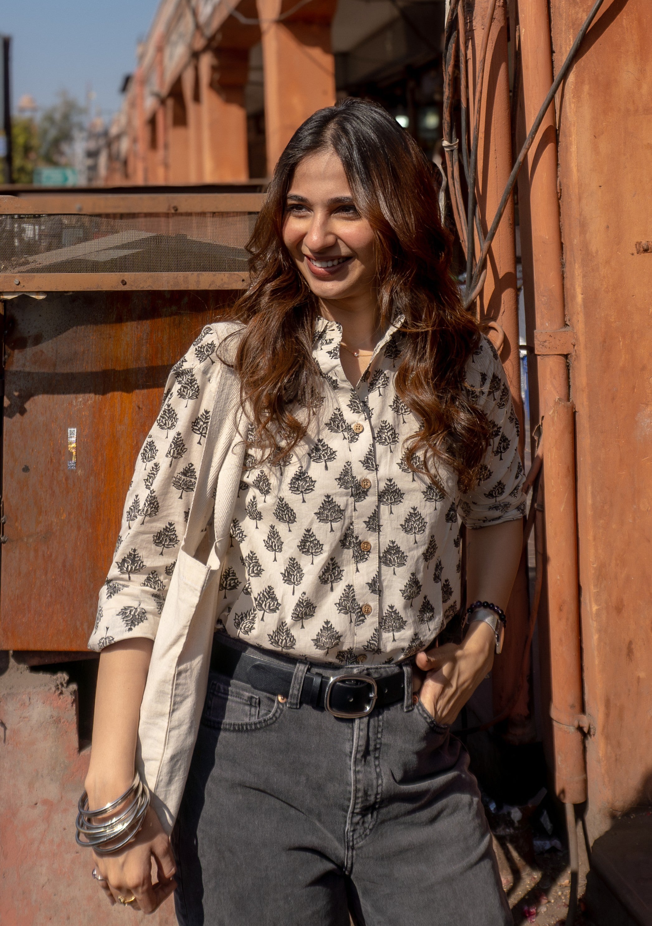 Safed Rangmahal Handblock Cotton Shirt