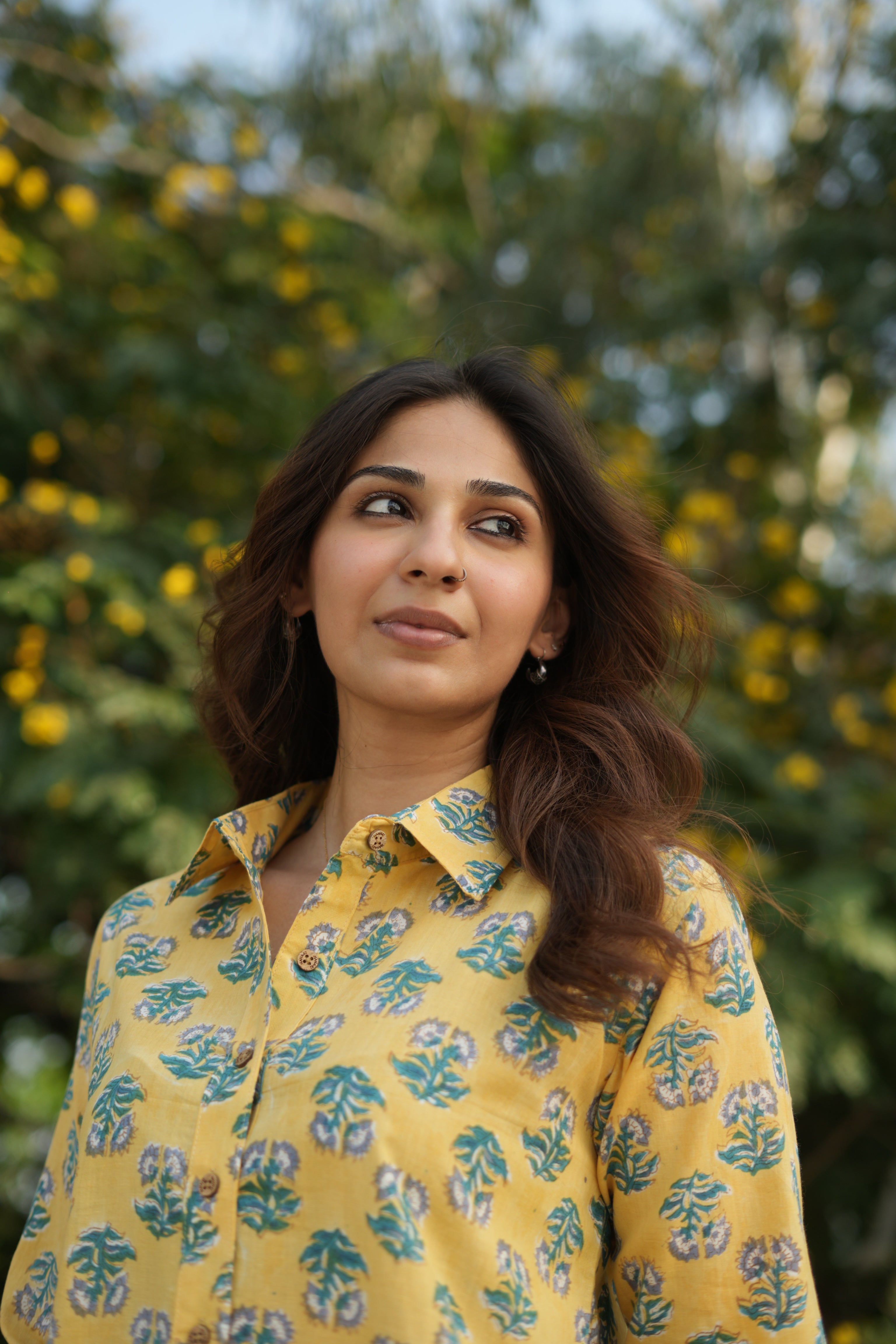 Lemon Sanganeri Floral Handblock Cotton Shirt