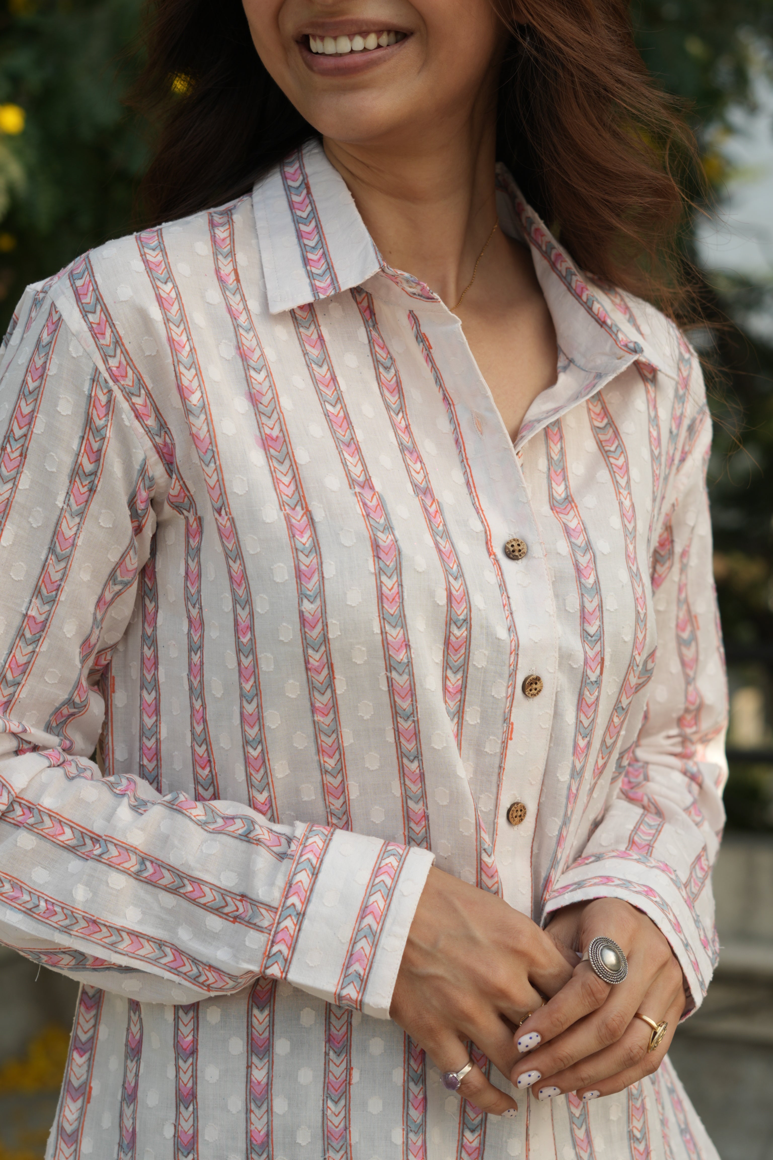 White Pink Stripe Handblock Cotton Dobby Shirt