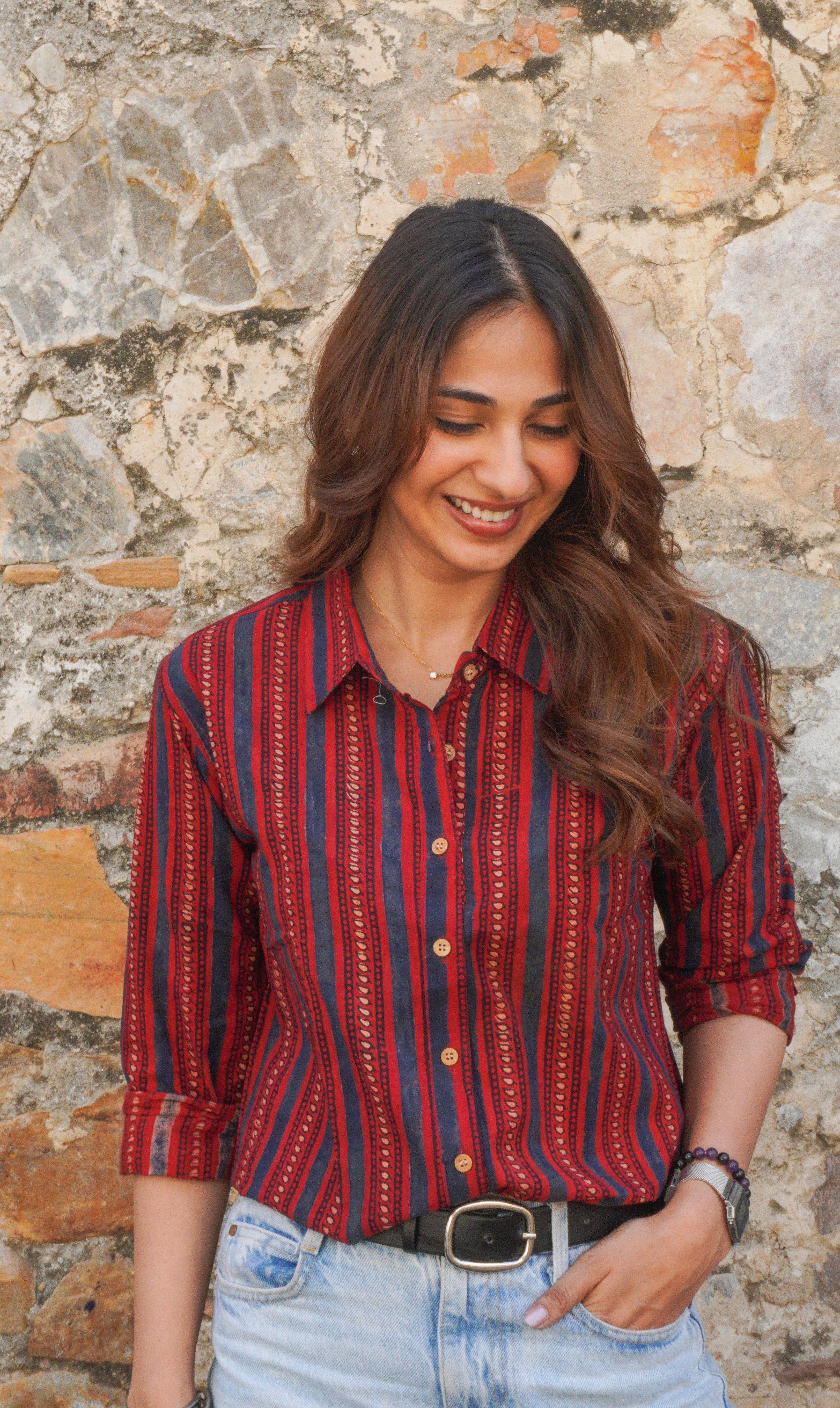 Red Ajrakh Stripe Handblock Cotton Shirt