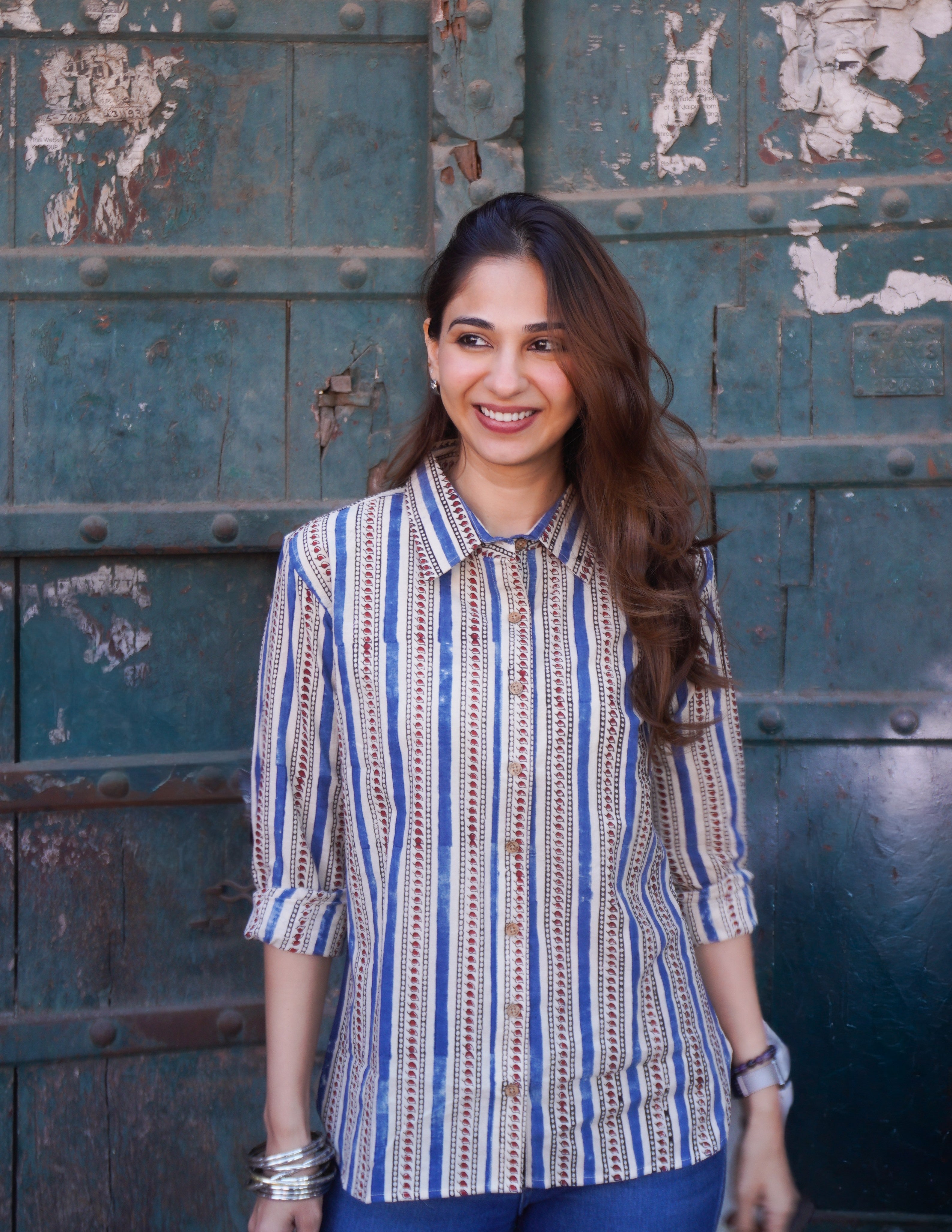 Ajrakh Motif Stripe Handblock Cotton Shirt