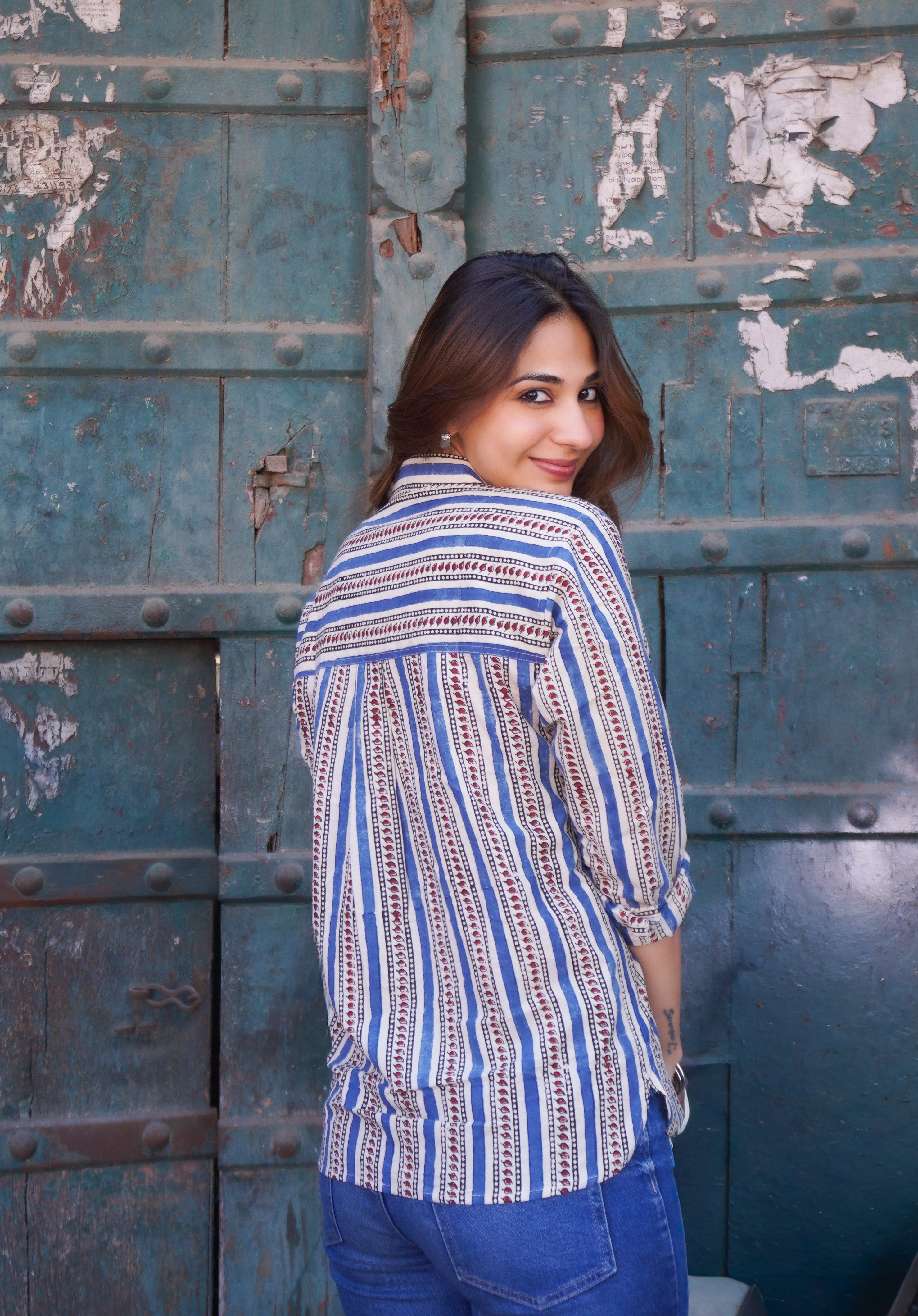 Ajrakh Motif Stripe Handblock Cotton Shirt