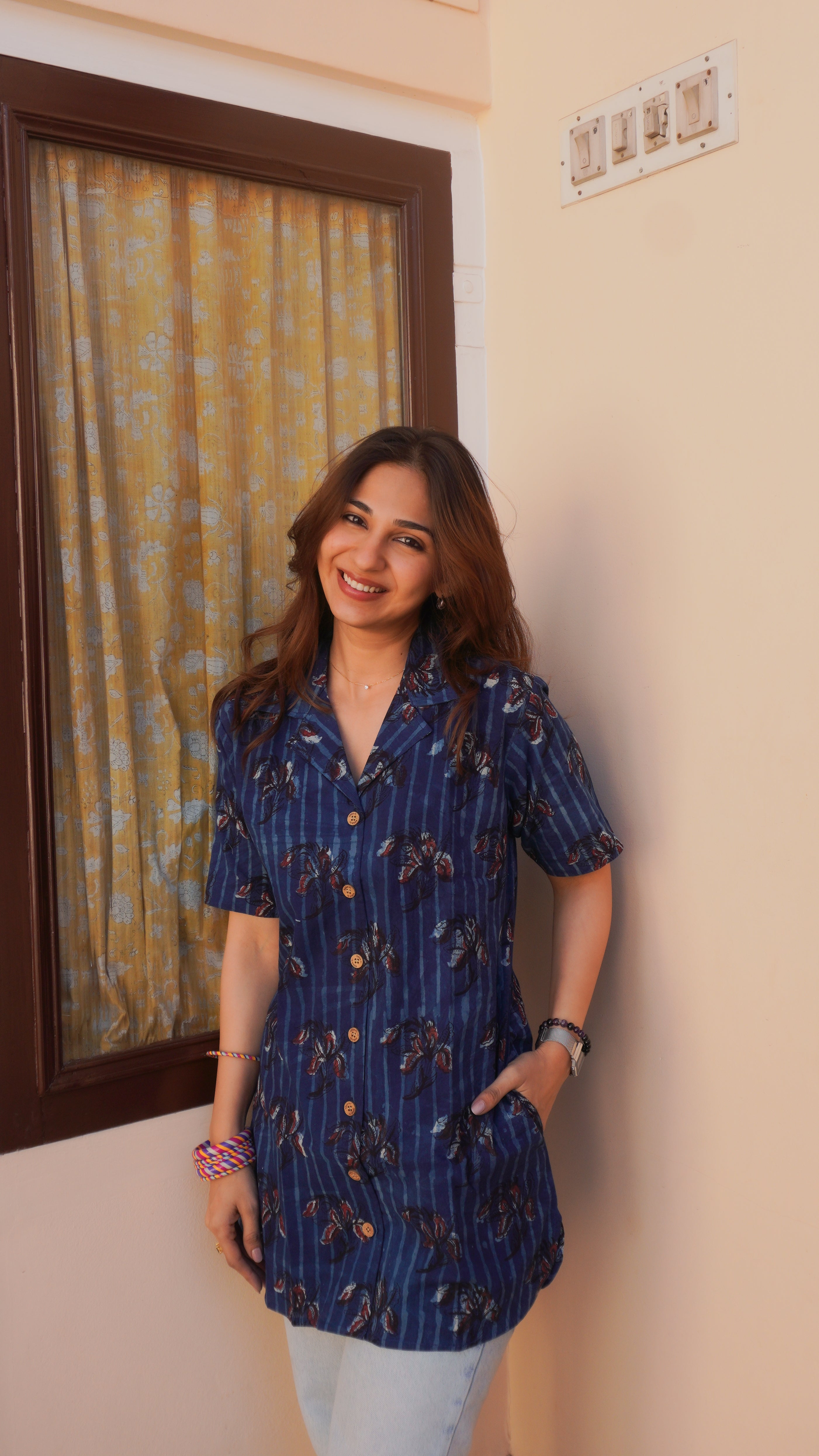 Indigo Red Bagru Floral Handblock Cotton Shirt Kurti