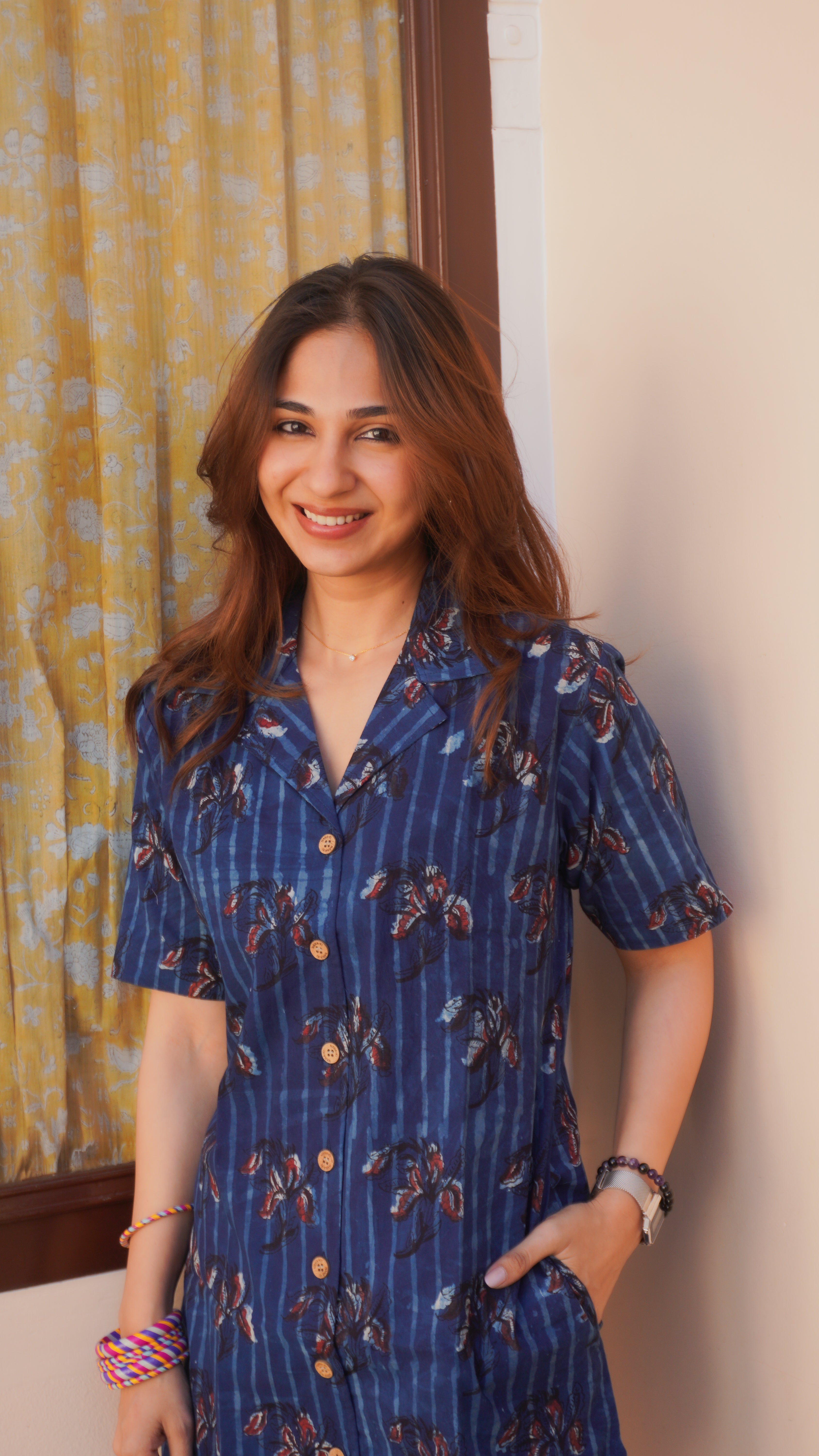 Indigo Red Bagru Floral Handblock Cotton Shirt Kurti