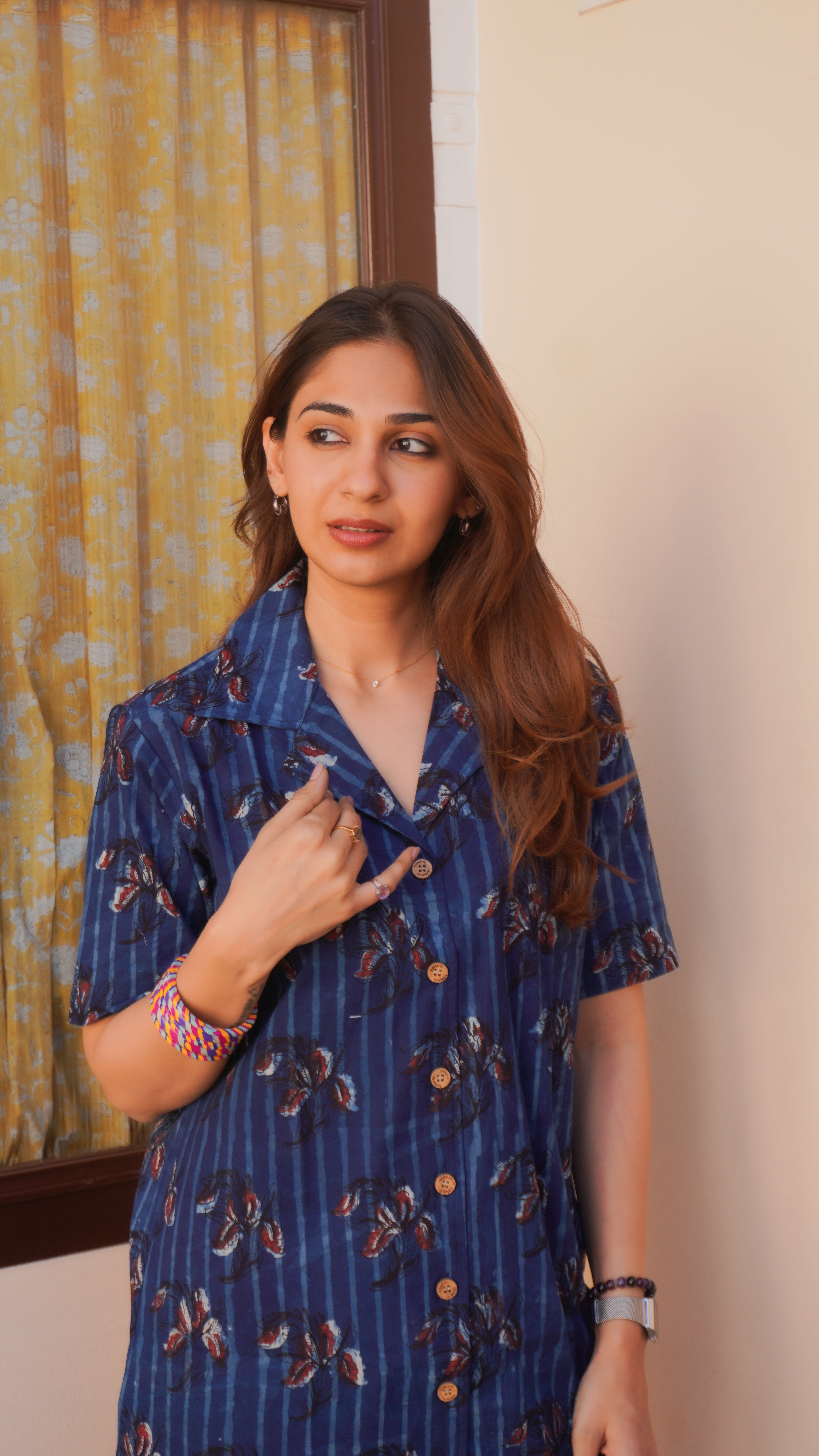 Indigo Red Bagru Floral Handblock Cotton Shirt Kurti