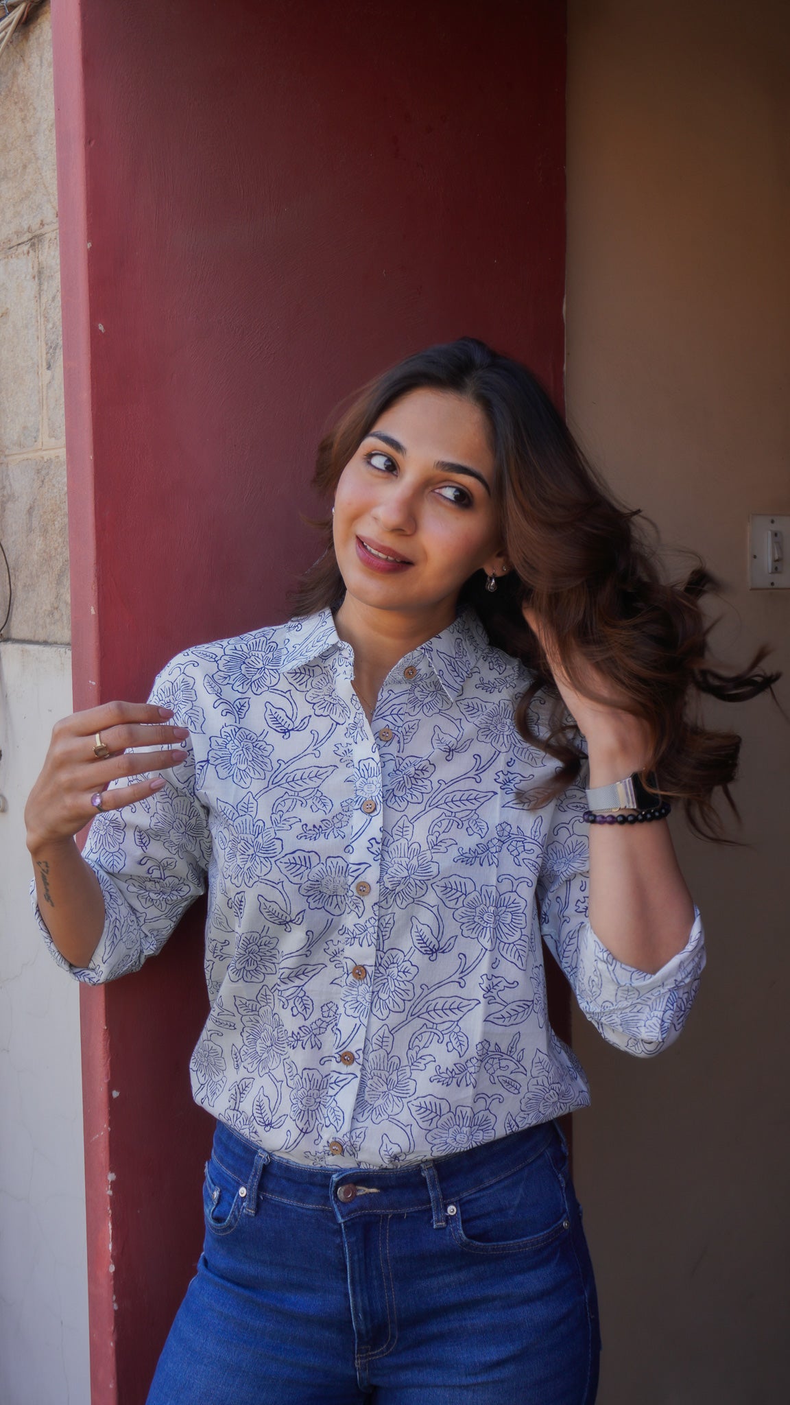 Indigo Floral Block Print Cotton Shirt