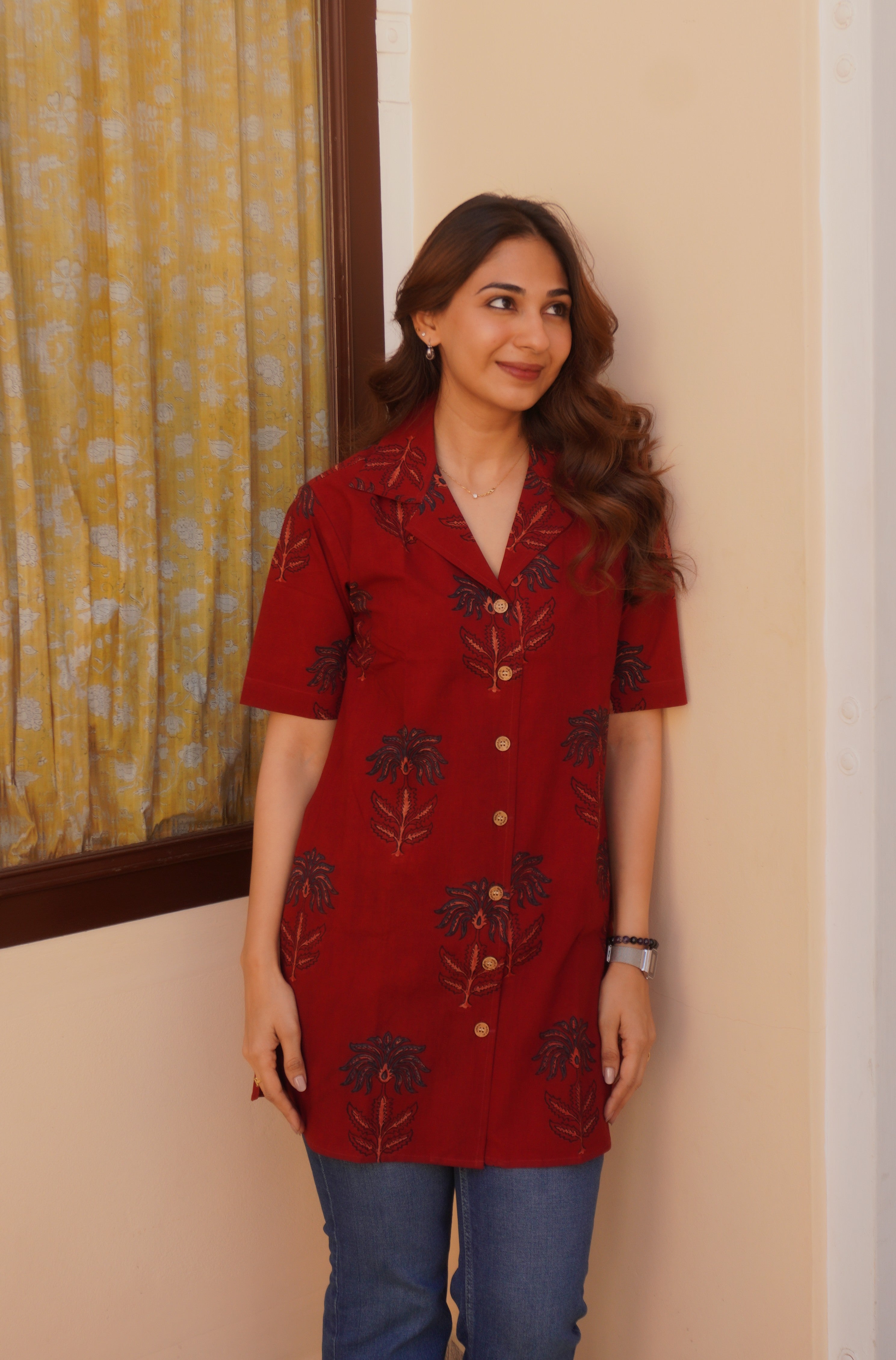 Red Indigo Floral Handblock Cotton Shirt Kurti