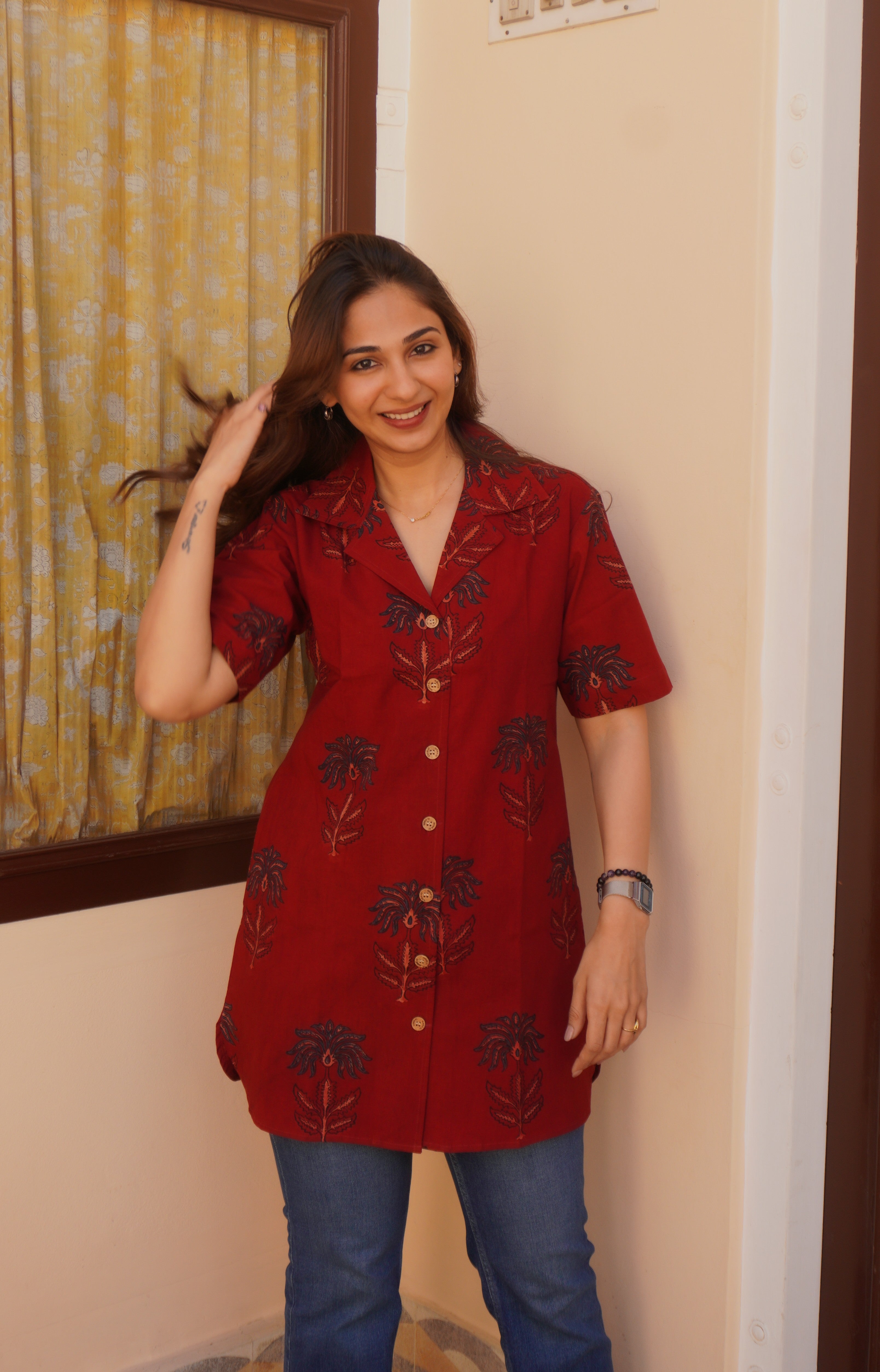 Red Indigo Floral Handblock Cotton Shirt Kurti