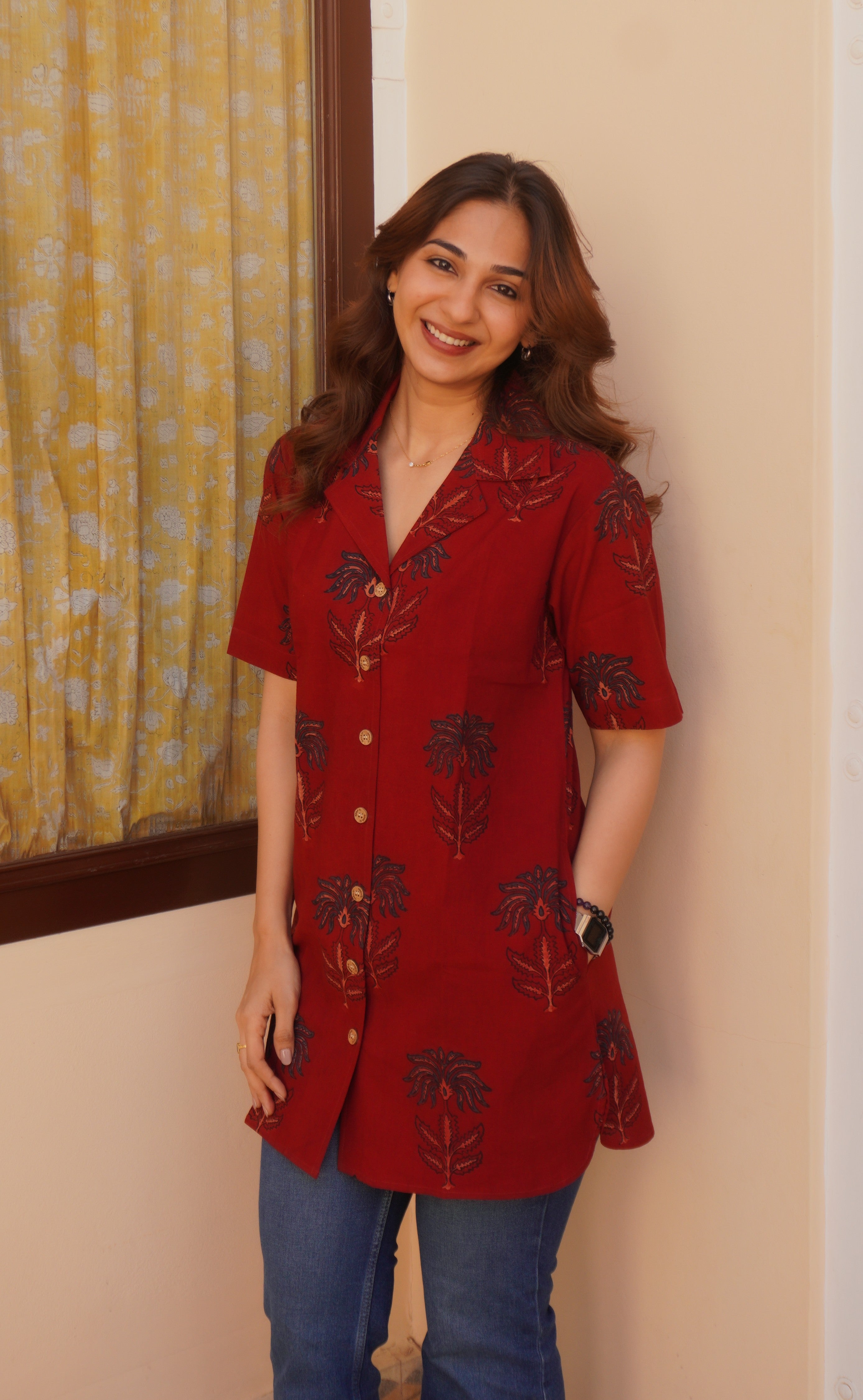 Red Indigo Floral Handblock Cotton Shirt Kurti