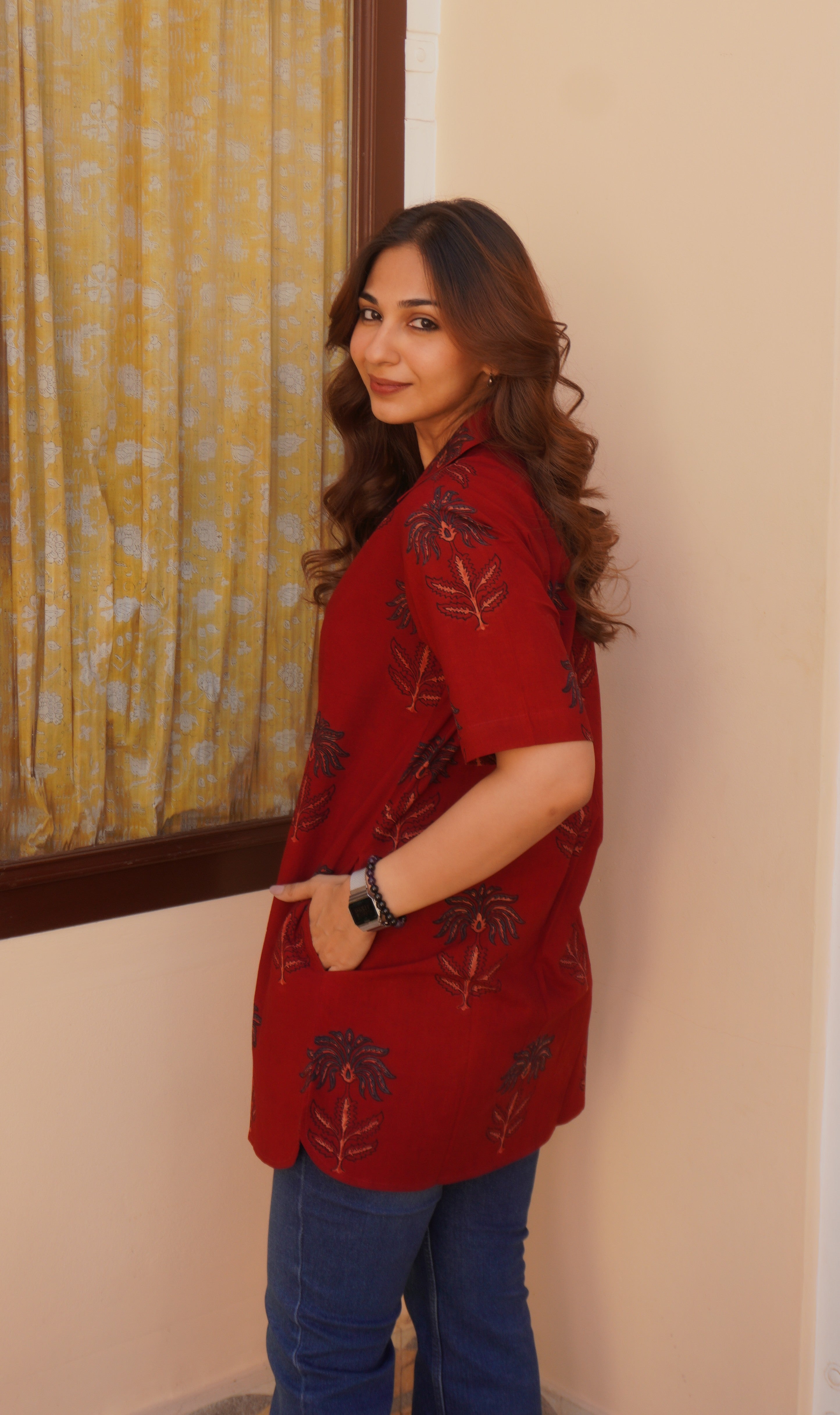 Red Indigo Floral Handblock Cotton Shirt Kurti
