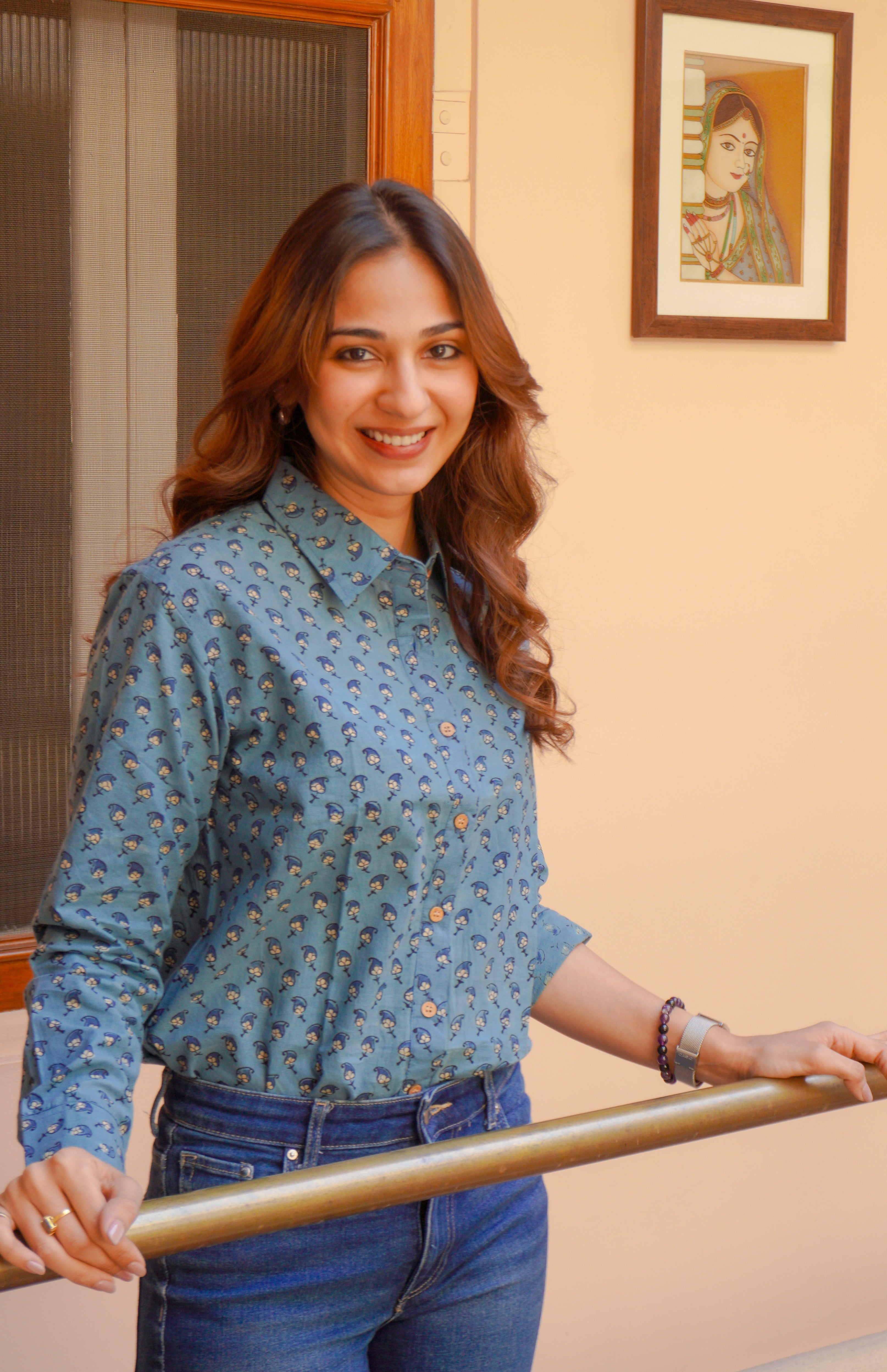 Indigo Ajrakh Floral Handblock Cotton Shirt