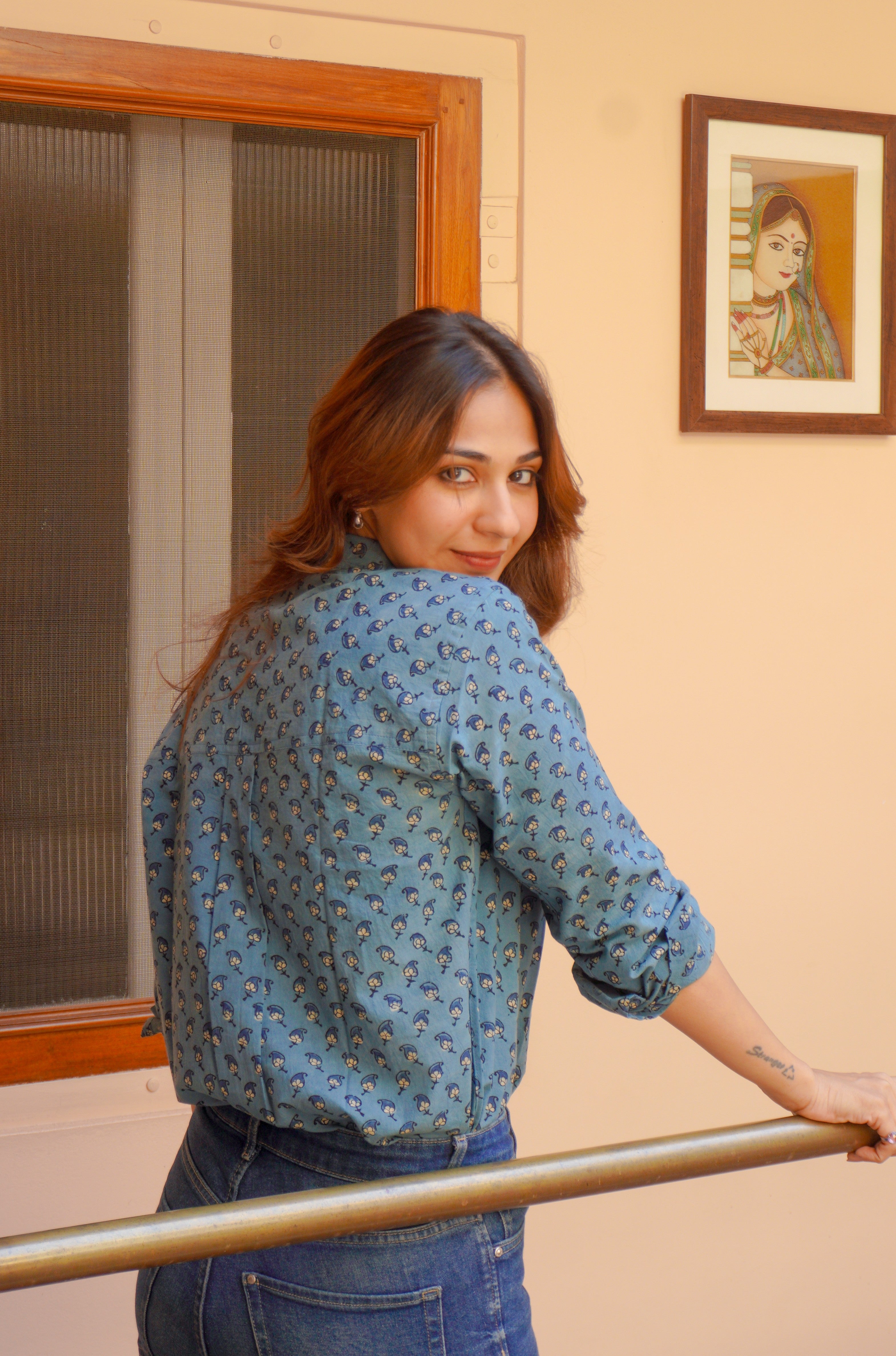 Indigo Ajrakh Floral Handblock Cotton Shirt