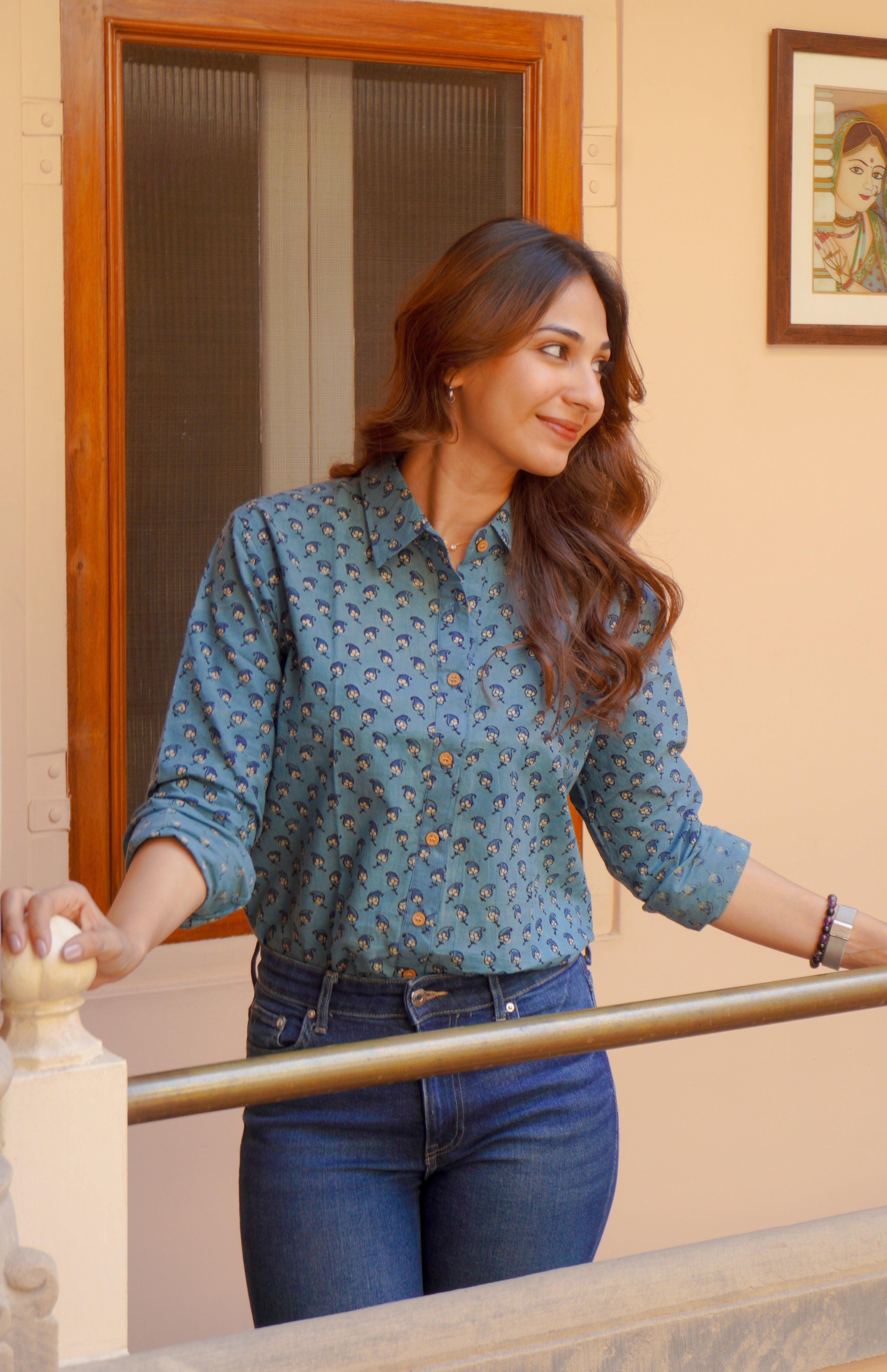 Indigo Ajrakh Floral Handblock Cotton Shirt