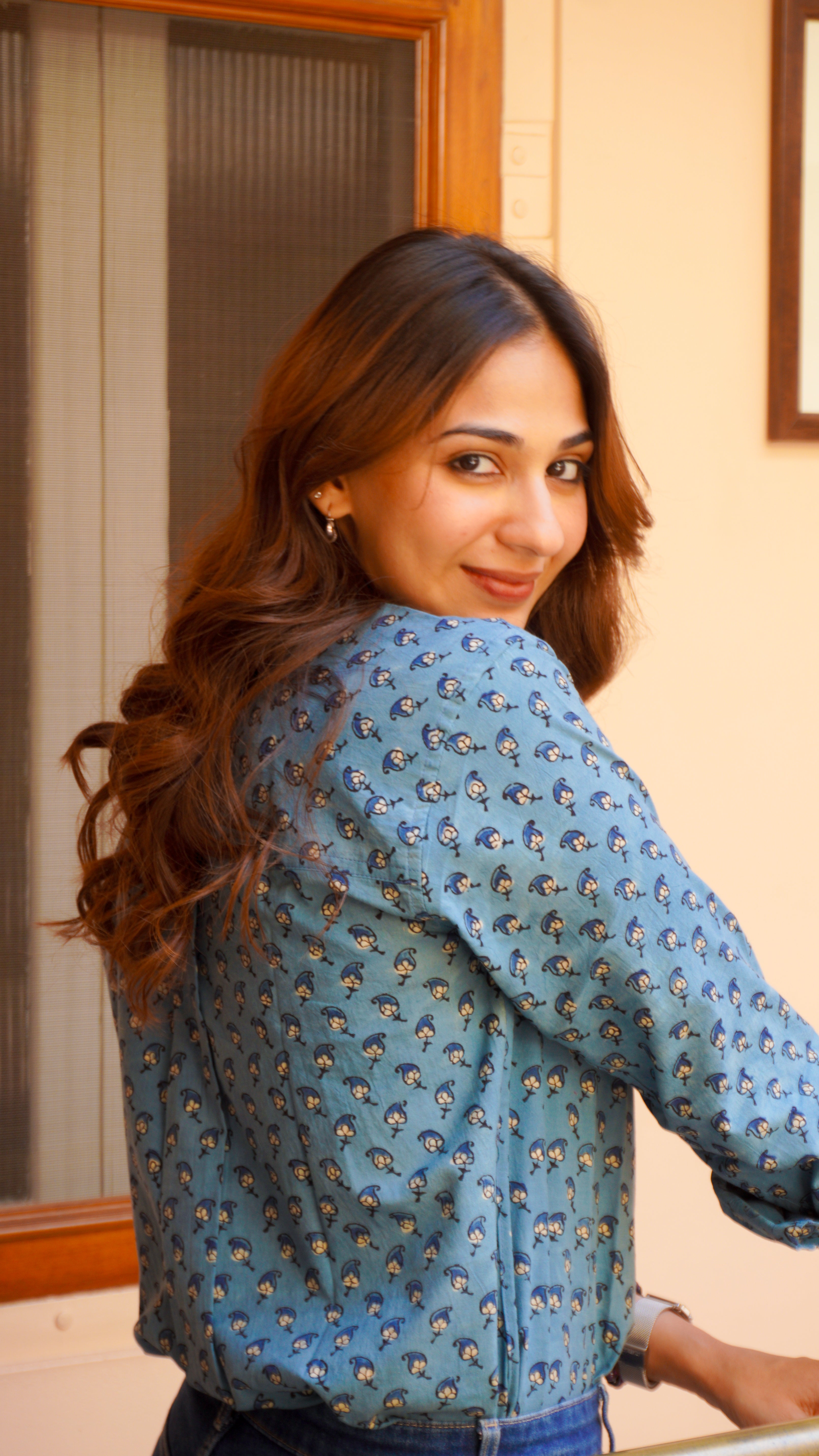 Indigo Ajrakh Floral Handblock Cotton Shirt