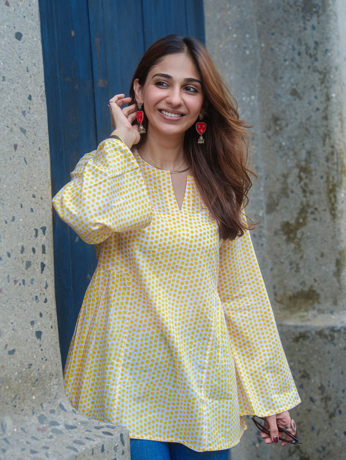 Yellow Polka Bell Sleeves Cotton Short Top
