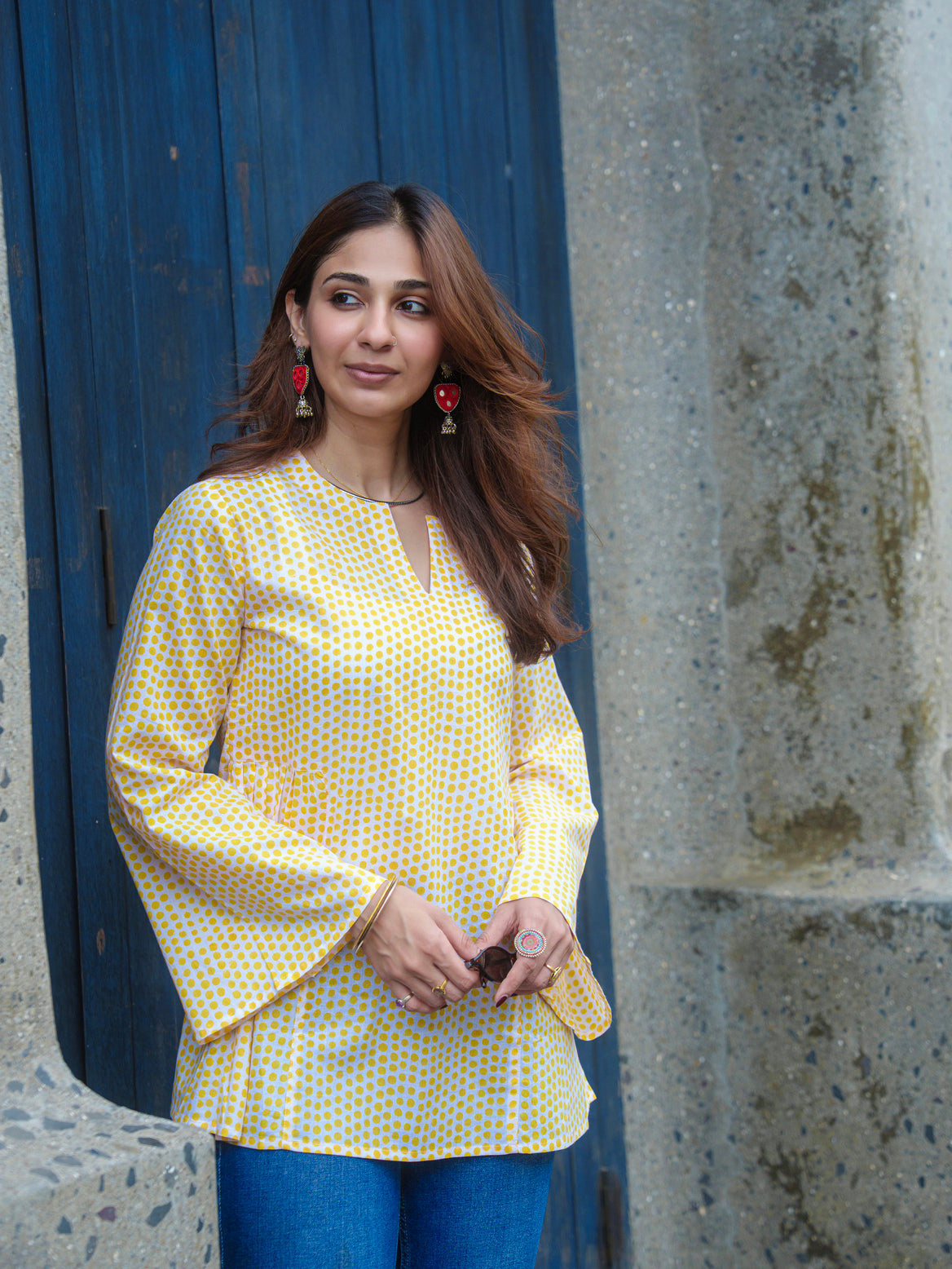 Yellow Polka Bell Sleeves Cotton Short Top