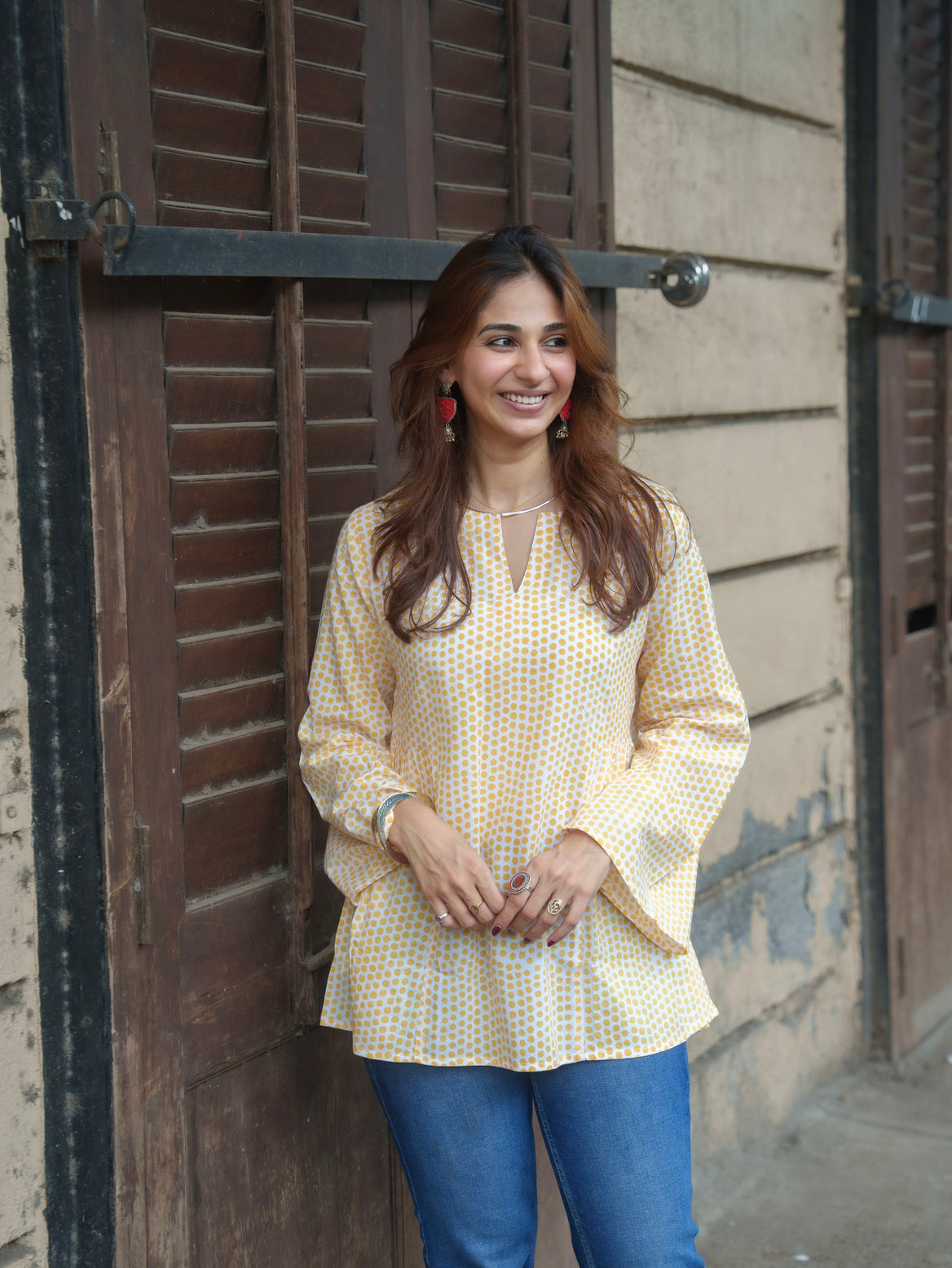 Yellow Polka Bell Sleeves Cotton Short Top