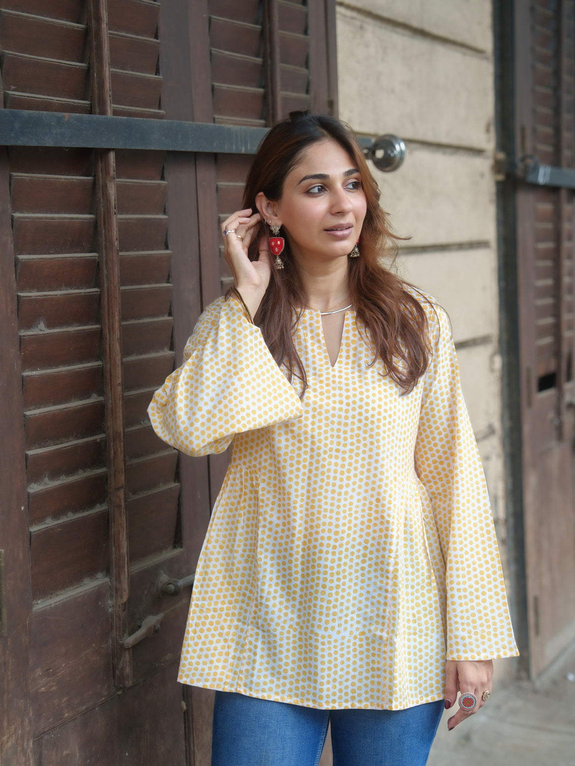 Yellow Polka Bell Sleeves Cotton Short Top