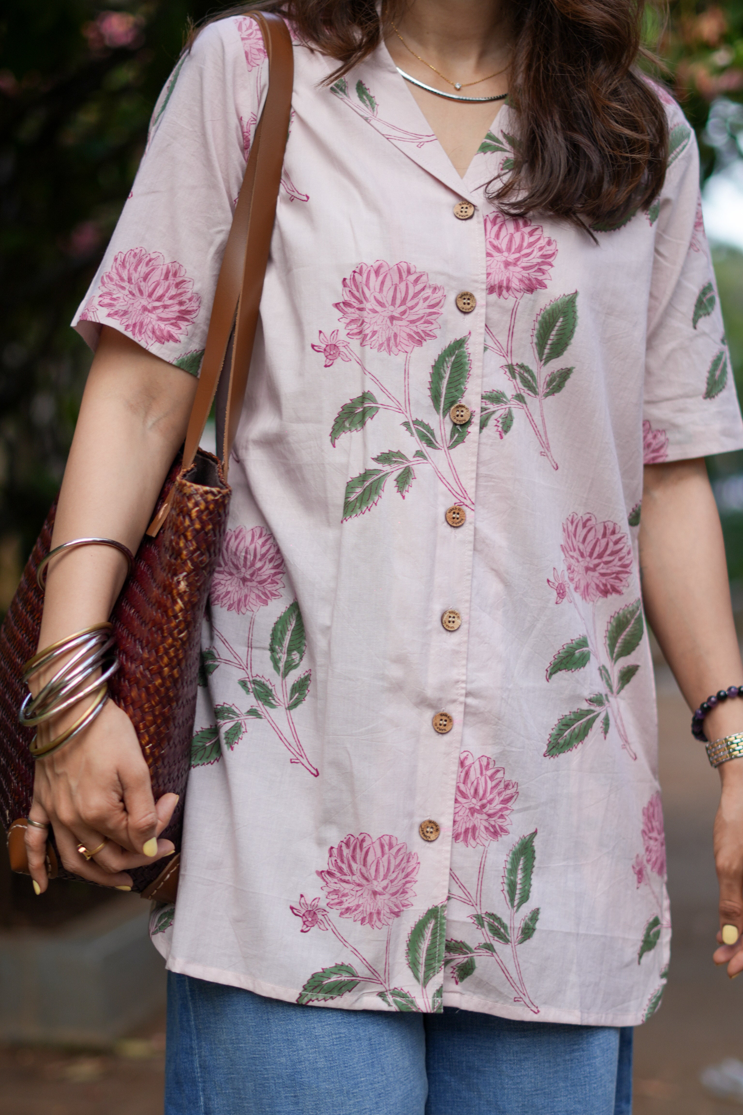 Pink Blossom Handblock Cotton Shirt Kurti