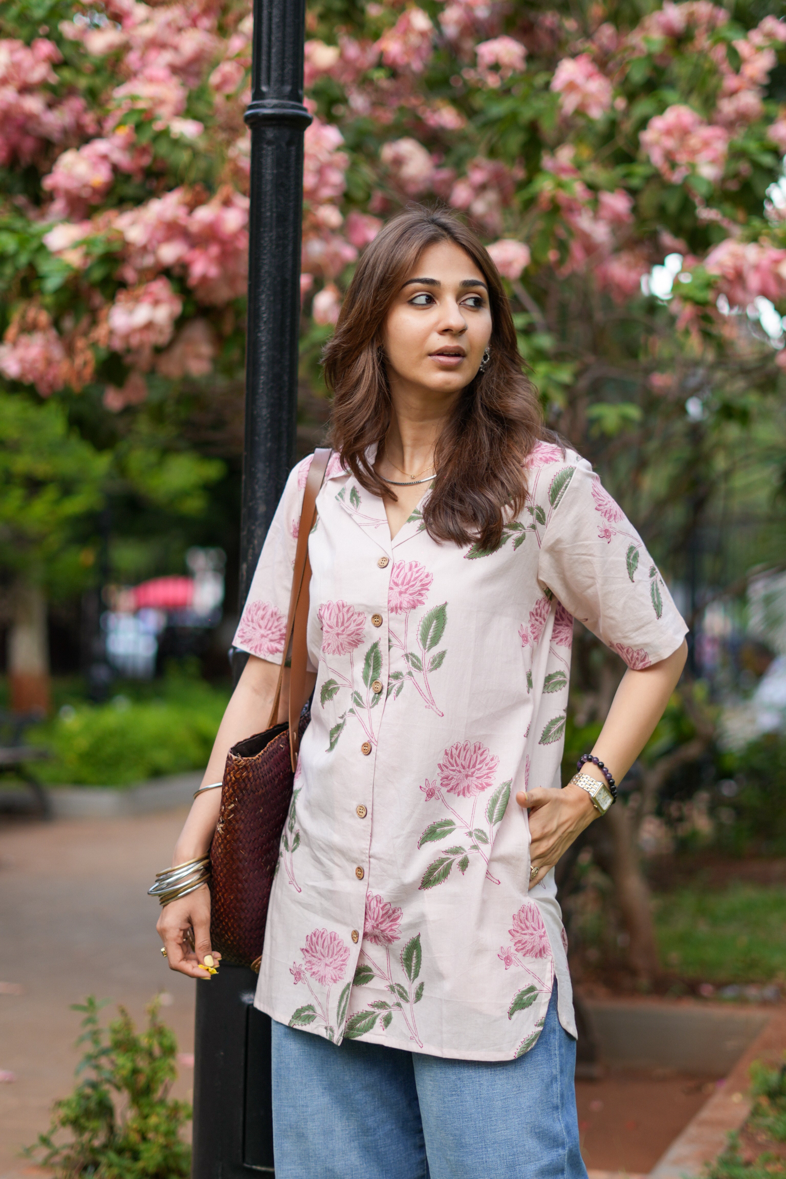 Pink Blossom Handblock Cotton Shirt Kurti